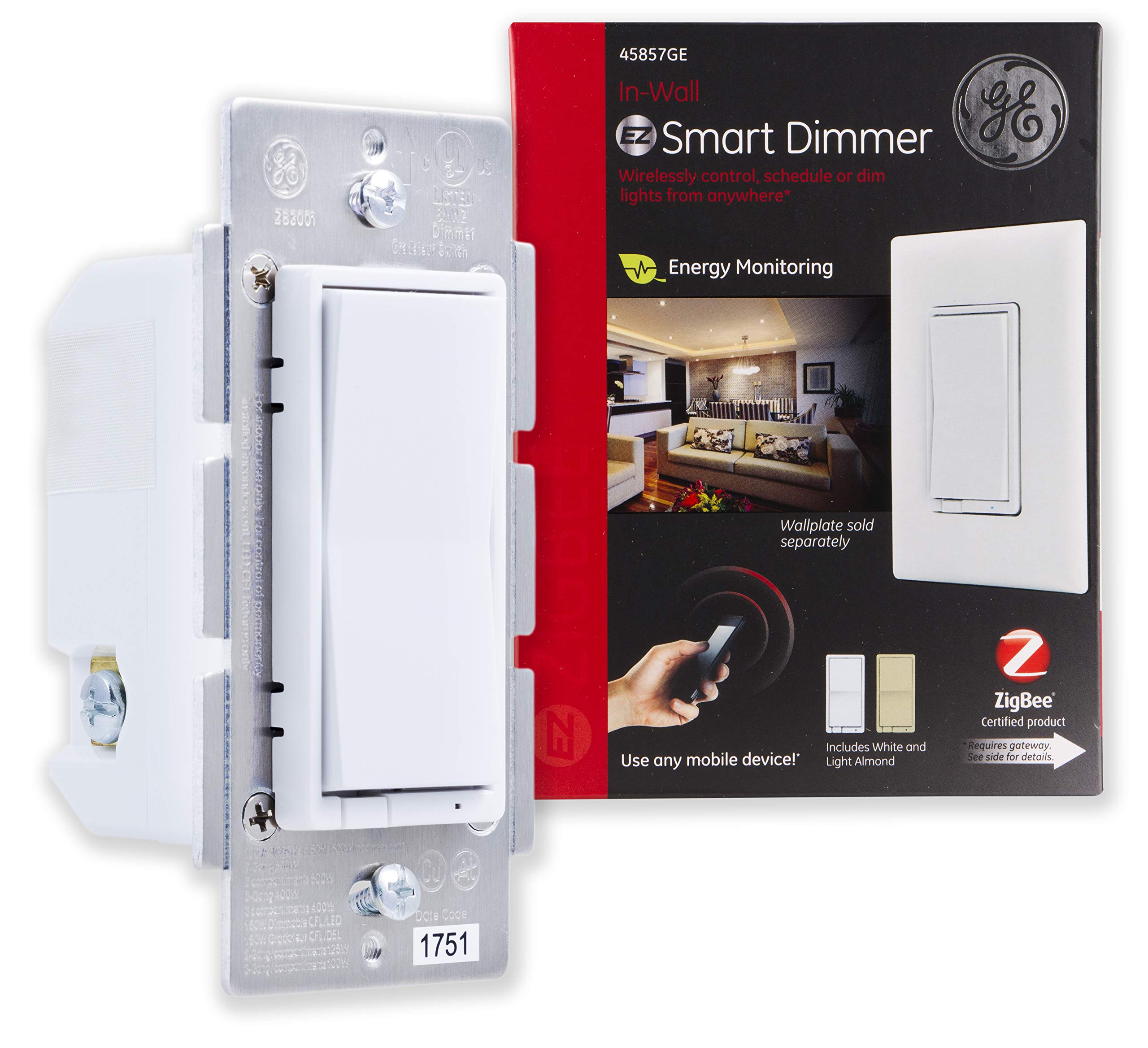 GE Zigbee Smart Dimmer Switch for In-Wall Lighting Control - Neutral Wire Required - Compatible with Alexa, Echo Show (2nd Gen) - White & Light Almond (Model 45857) - Perfect for Smart Home Automation & Voice Control