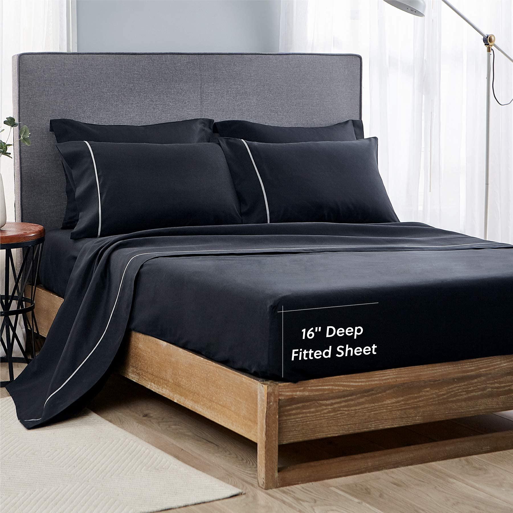 Bedsure 6-Piece Full Size Sheet Set - Ultra Soft Brushed Microfiber Deep Pocket Bed Sheets, 1800 Thread Count Luxury Hotel Quality, Wrinkle & Fade Resistant, Black - Perfect for Guest Rooms, Dorms & Cozy Bedrooms