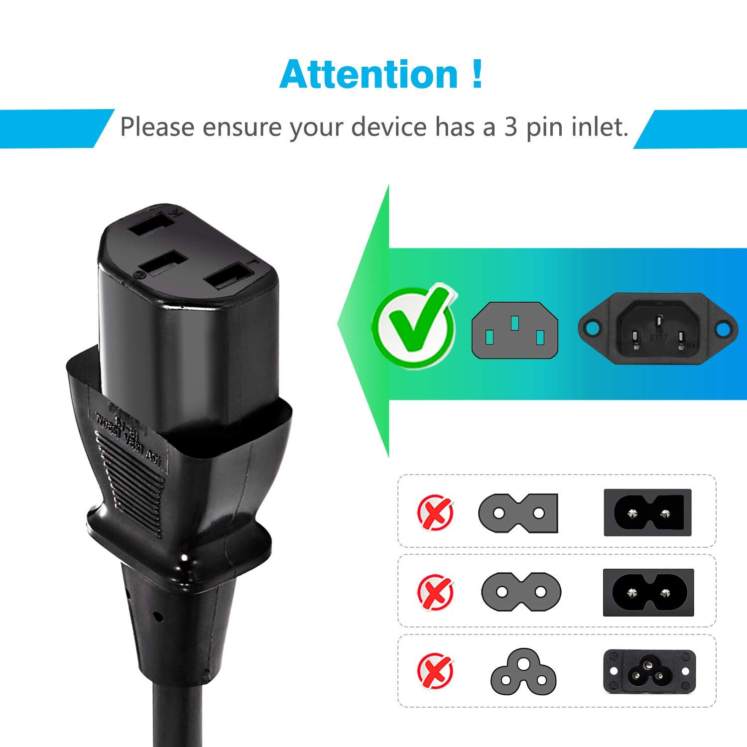 12 Ft 3-Prong AC Power Cord for Computers, TVs, Printers - Compatible with Samsung, LG, Sony, Panasonic, Philips, Acer, Asus & More - Perfect for Home Office, Gaming Setup & Entertainment Systems