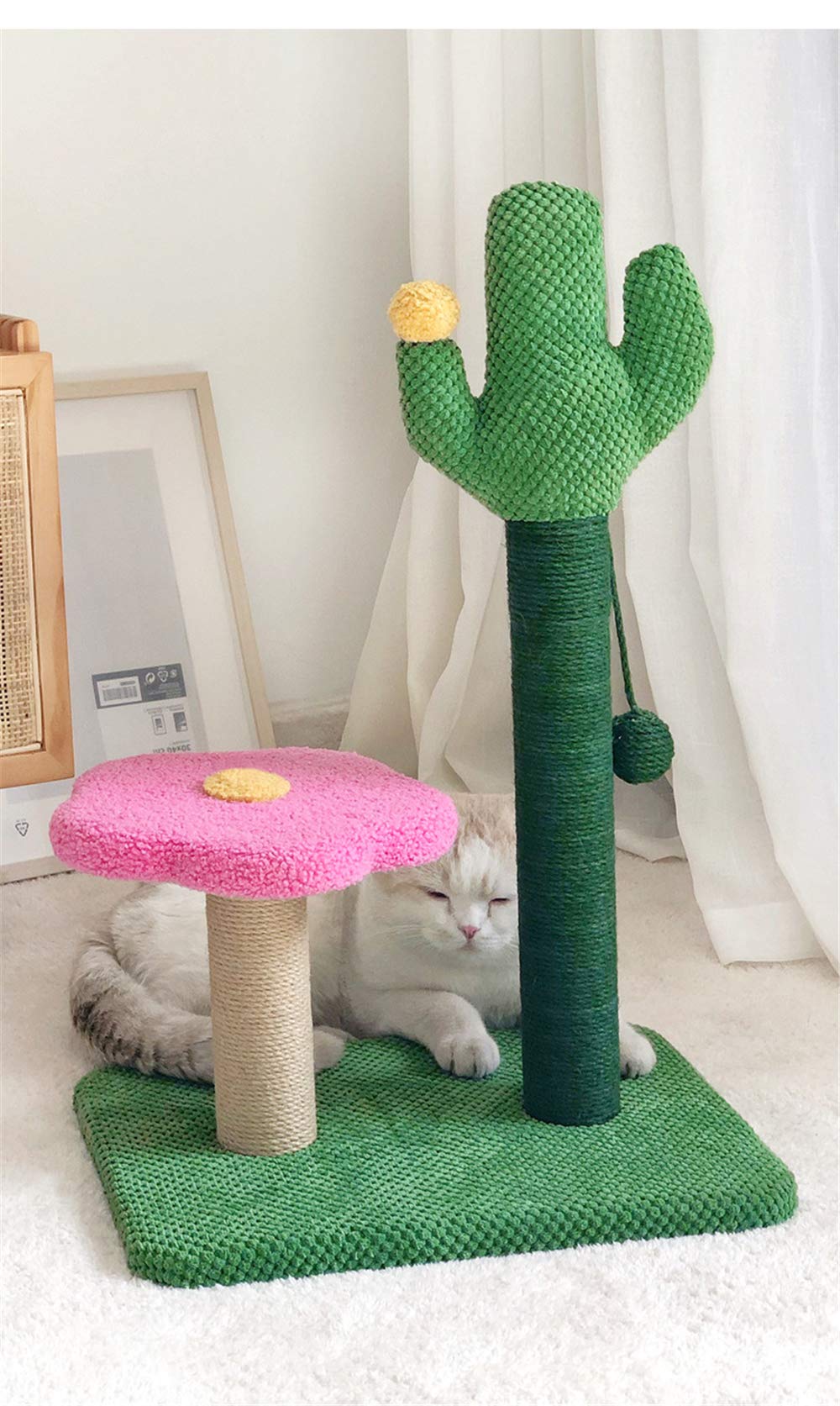 Cactus Cat Scratching Post with Dangling Ball - Flower Shaped Cat Tree & Climbing Activity Platform for Kittens and Small Cats | Pet Supplies for Indoor Play and Exercise