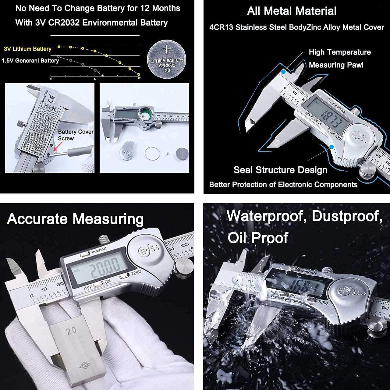 Kynup Digital Caliper - IP54 Waterproof Stainless Steel Electronic Caliper Measuring Tool with Large LCD Screen | Inch/Metric/Fraction Conversion | Perfect for DIY, Woodworking, Metalworking & Engineering Projects