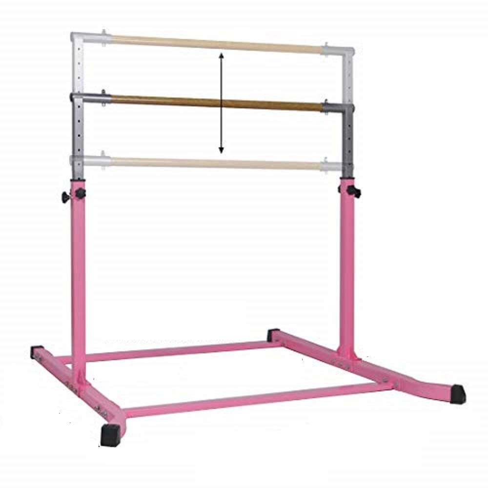 Professional Adjustable Gymnastics Training Bar - 13-Level Height (3-5 FT) with Cushioned Kip Bar & Curved Legs - Junior Horizontal/Asymmetric Bar for Home Gym (Pink) - Perfect for Kids' Gymnastics Practice, Strength Training & Indoor Fitness