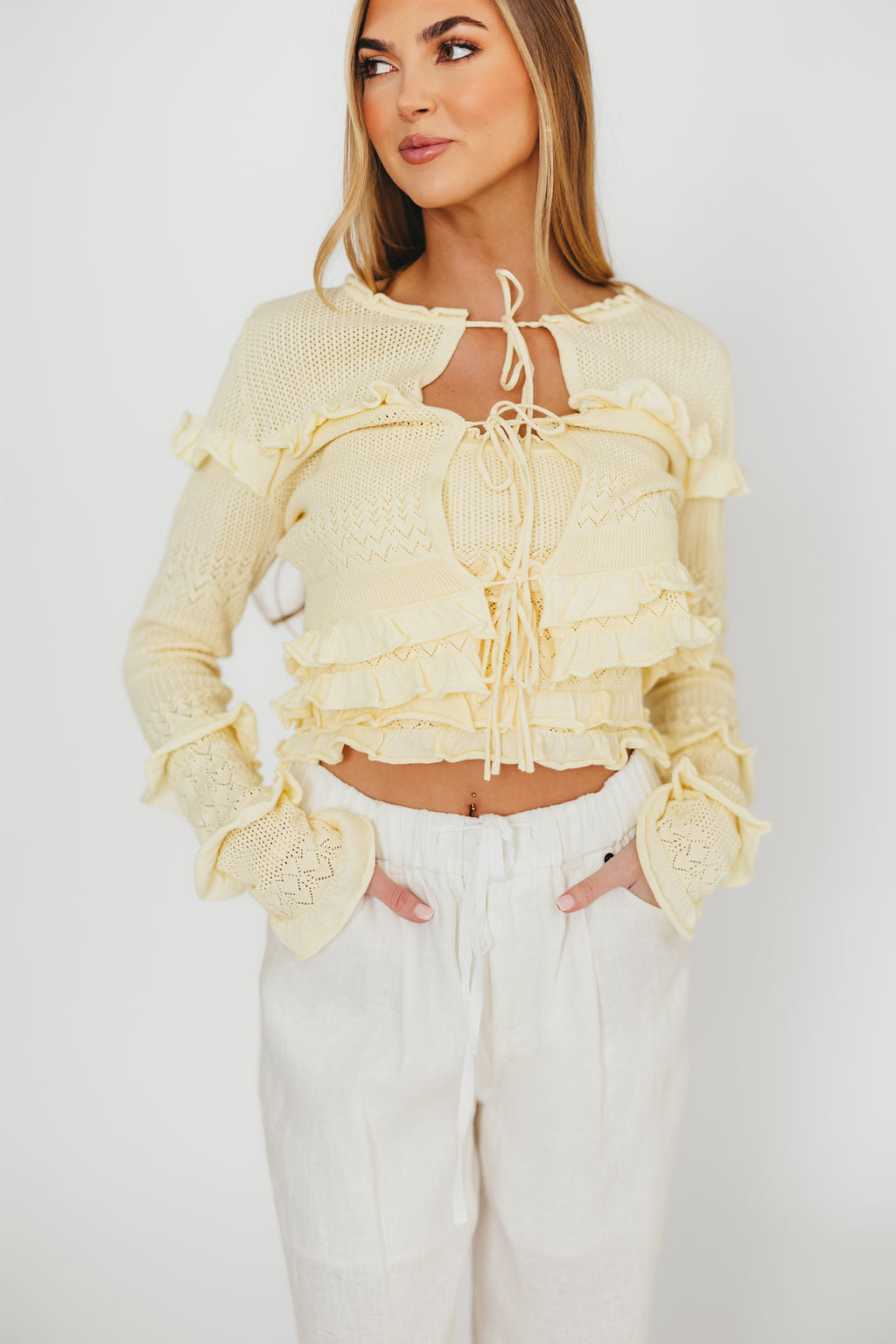 Zayne Women's Yellow Cardigan & Tube Top Sweater Set - Cozy Knit Loungewear for Casual Outings & Date Nights