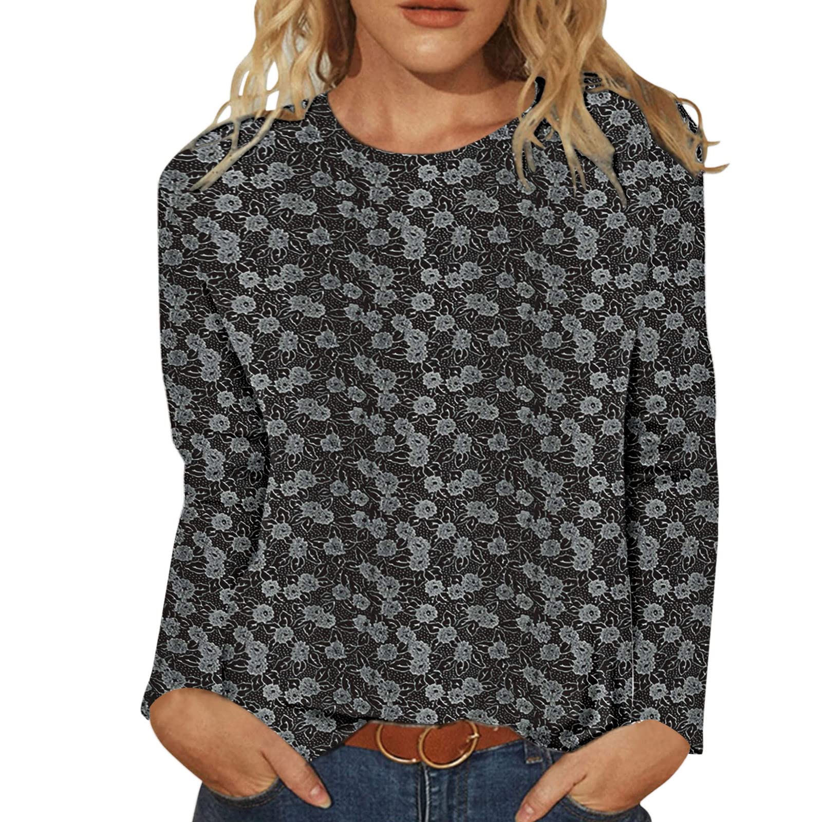 Women's Halloween Casual Printed O-Neck Long Sleeve T-Shirt Blouse - Soft Cotton Top for Costume Parties, Cosplay & Everyday Wear (E-Black, Size S)