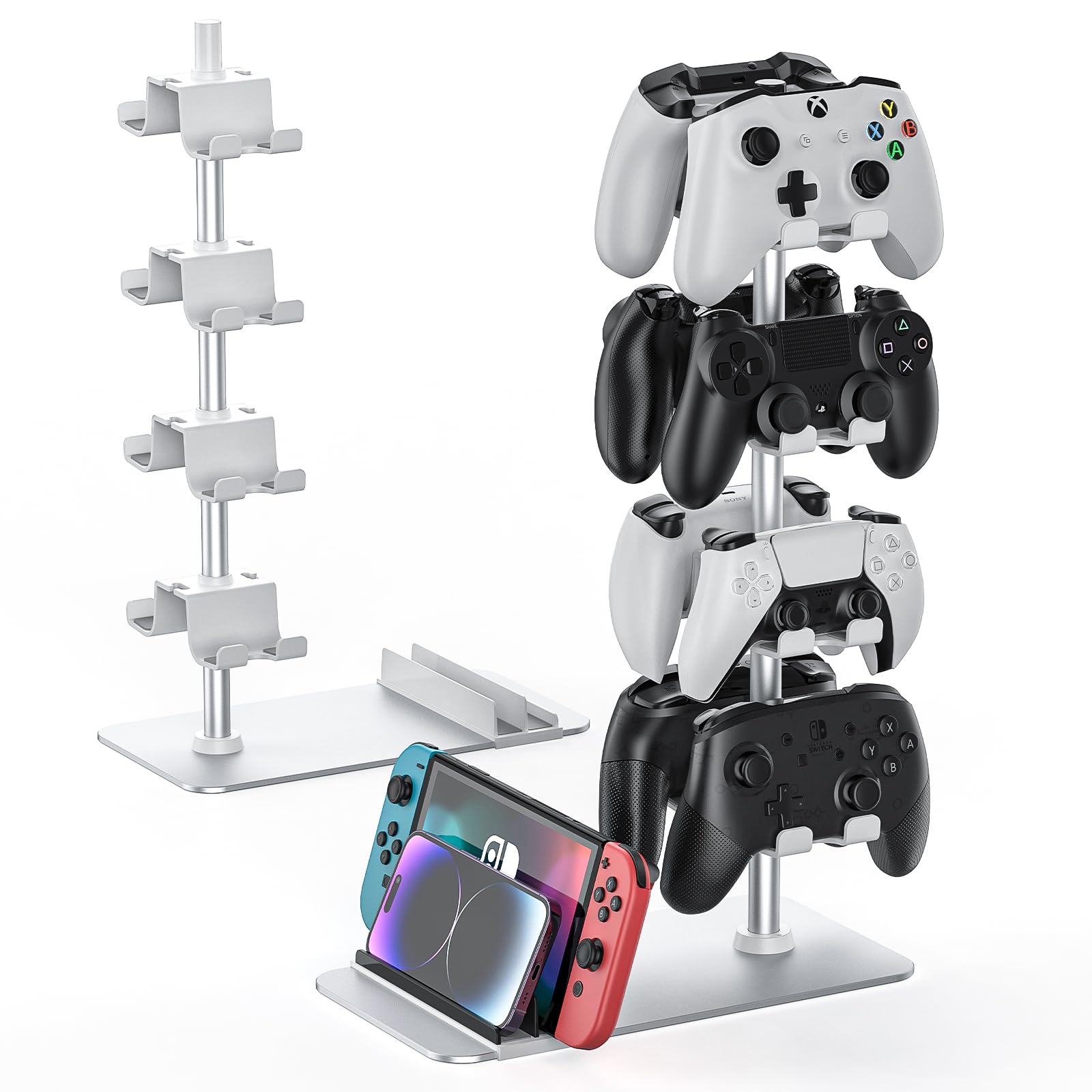 MANMUVIMO Controller Holder for Xbox PS5 PS4 Switch - 8 Gaming Controller Stand Desk Organizer with Headset/iPad/Mobile Phone Storage - Perfect Gaming Room Accessories & Gifts for Gamers (White) - Ideal for Game Room Setup, Desk Organization & Gamer Gifts