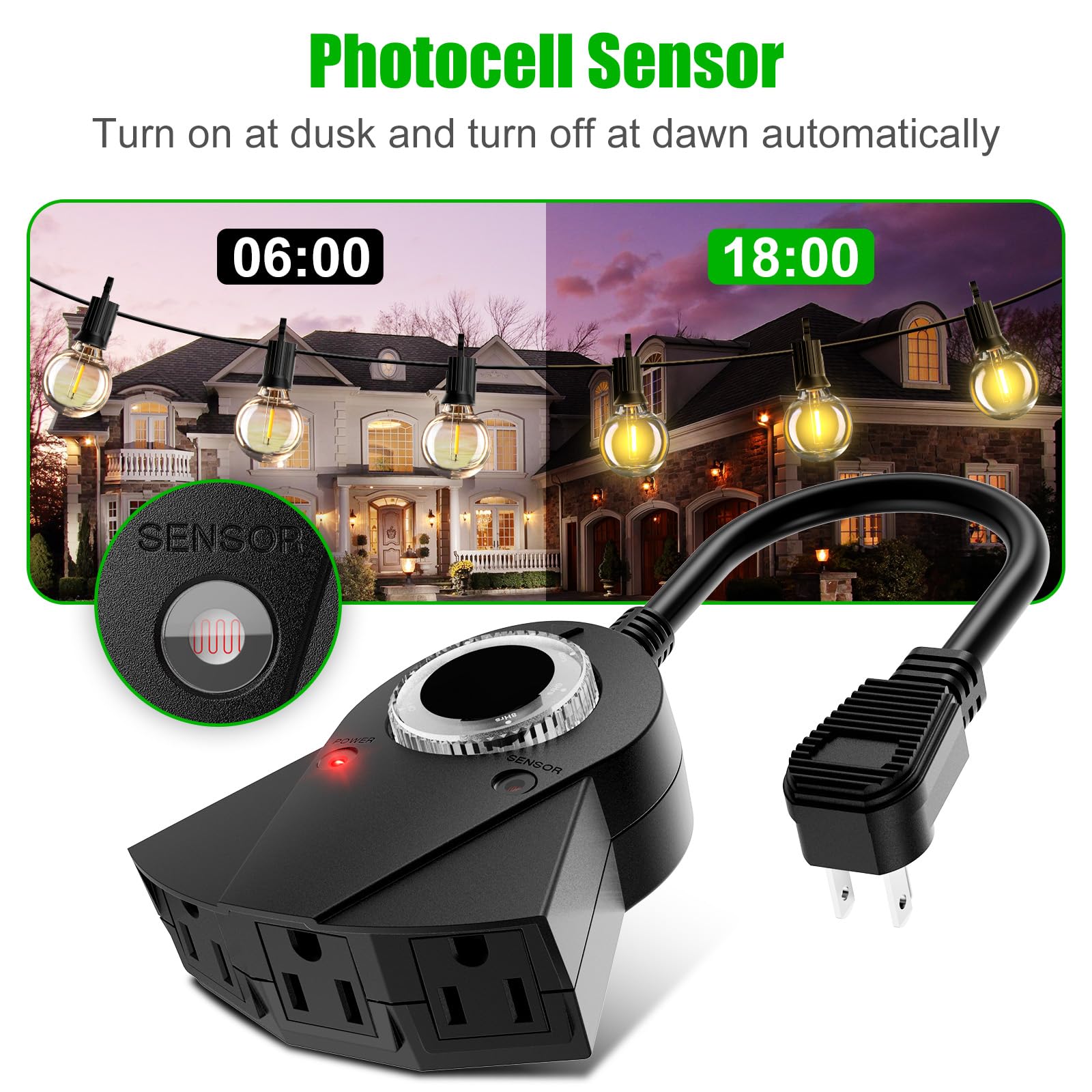 Outdoor Light Sensor Timer - 24 Hour Heavy Duty Waterproof Electrical Outlet Timer with 2/4/6/8 Hour Countdown Mode, 3 Grounded Outlets for Garden, Backyard & Home Use (2 Pack) - Perfect for Landscape Lighting, Holiday Decorations & Automatic Irrigation Systems