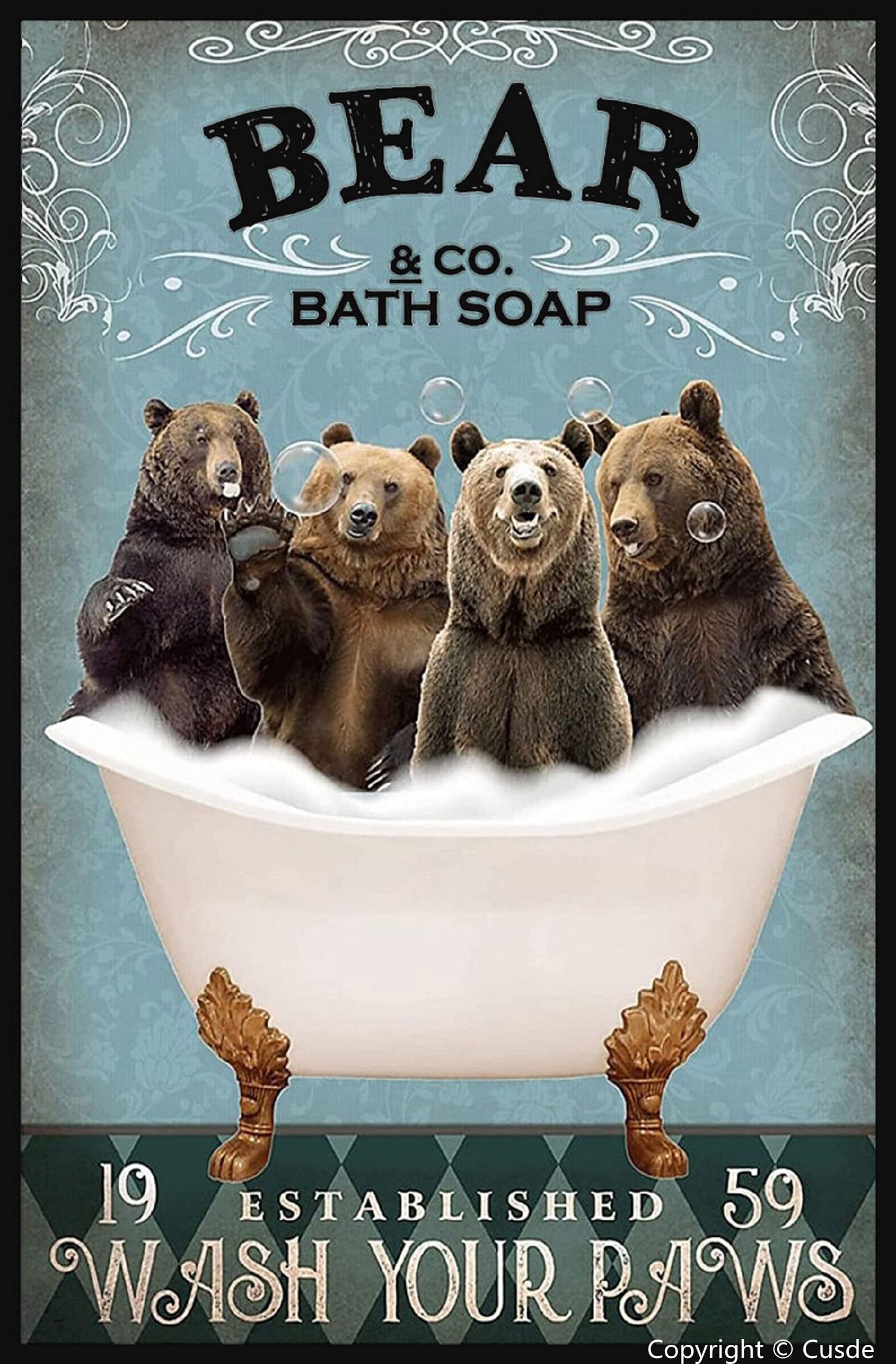 Funny Bear Decor 'Wash Your Paws' Vintage Metal Tin Sign - 8x12 Inch Rustic Bathroom Wall Art for Pet Lovers, Farmhouse Decor - Perfect for Bathroom, Kitchen, Laundry Room & Pet Areas