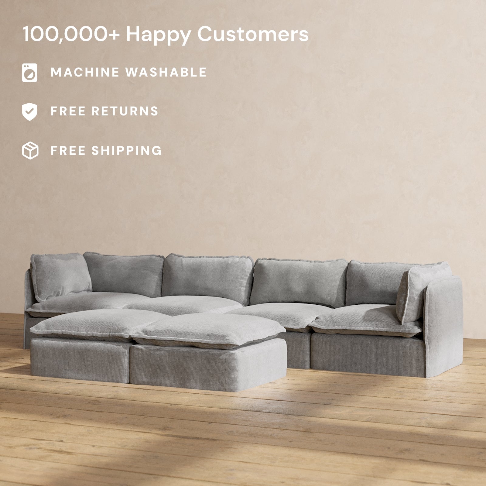 Modular Performance 4-Seater Sofa with Bench Ottoman in Ash Gray | Modern Sectional Couch for Living Room, Family Room & Lounge Areas | Relaxing Blend Fabric for Comfortable Seating