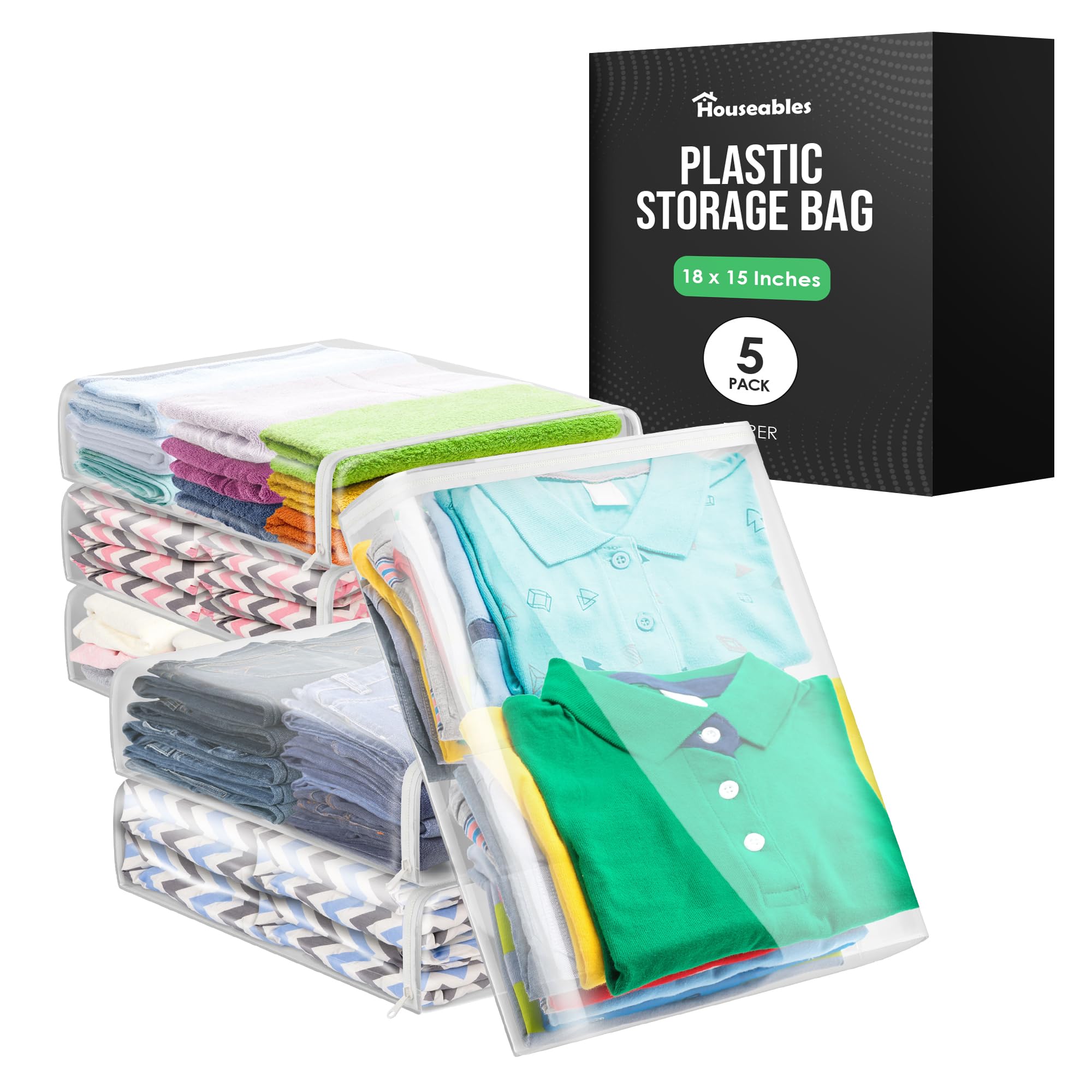 Houseables Clear Zippered Plastic Storage Bags for Clothes, Blankets, Bed Sheets & Linens - 18x15 Inch Moth-Proof Vinyl Garment Bags (5-Pack) - Perfect for Seasonal Storage, Travel & Closet Organization