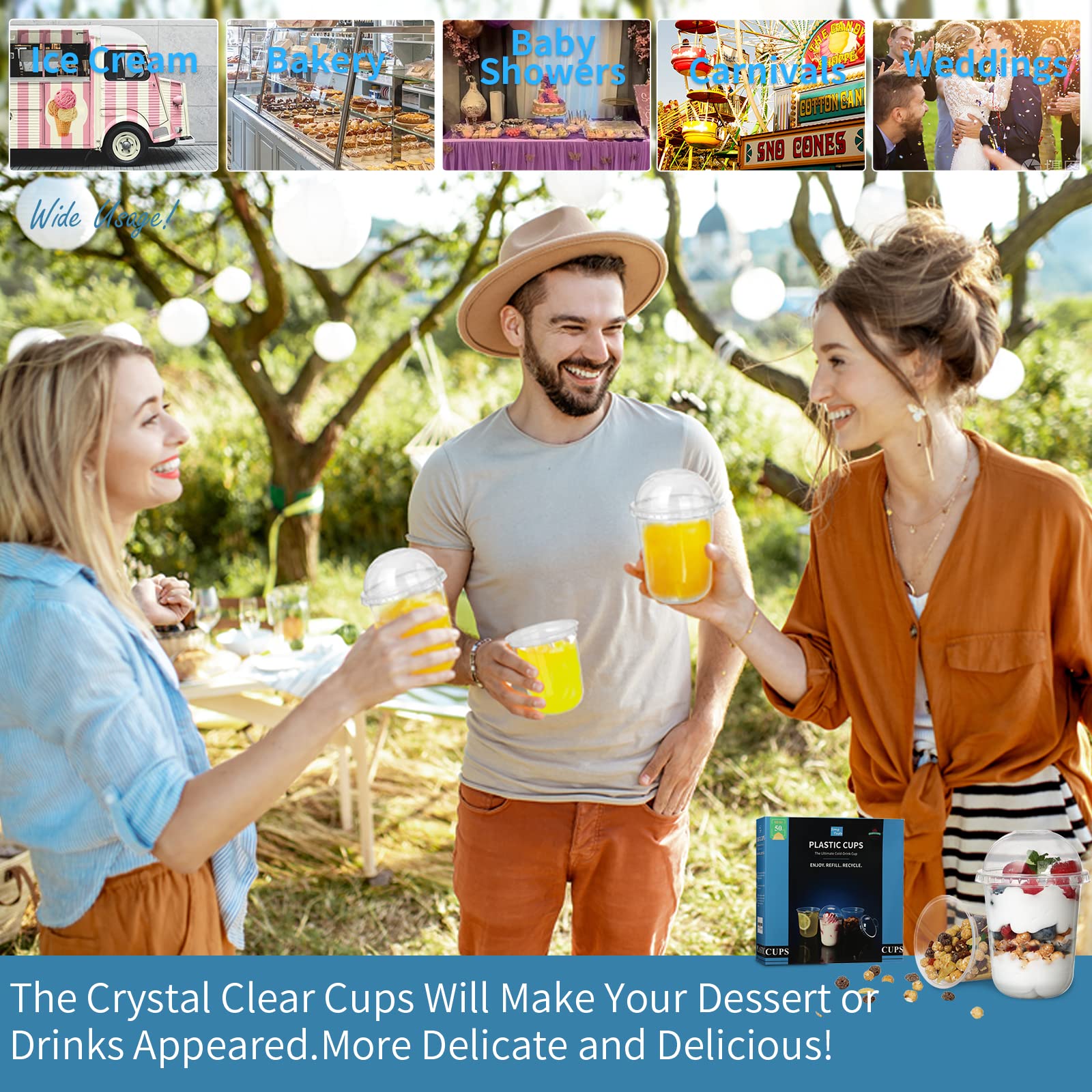 50 Pcs 8 Oz Clear Disposable Plastic Parfait Cups with Dome Lids - No Hole Dessert Yogurt Fruit Cups for Kids, Takeaway Breakfast, Snacks, Cold Drinks & Ice Cream - Perfect for Parties, Picnics, Cafes and Home Use