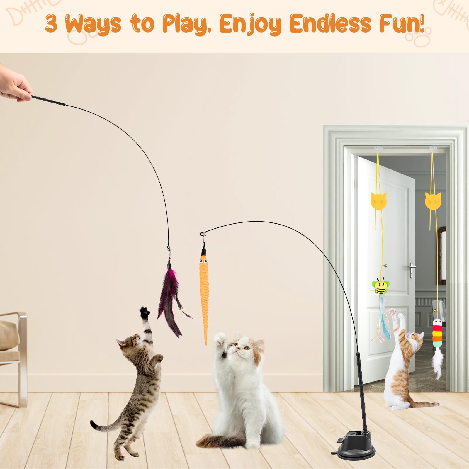 Depets Interactive Cat Wand Toy - 15 Pcs Feather Teaser Toy with 2 Play Modes & Reusable Suction Cup for Indoor Cats & Kittens | Perfect for Exercise, Playtime & Bonding with Your Feline Friend