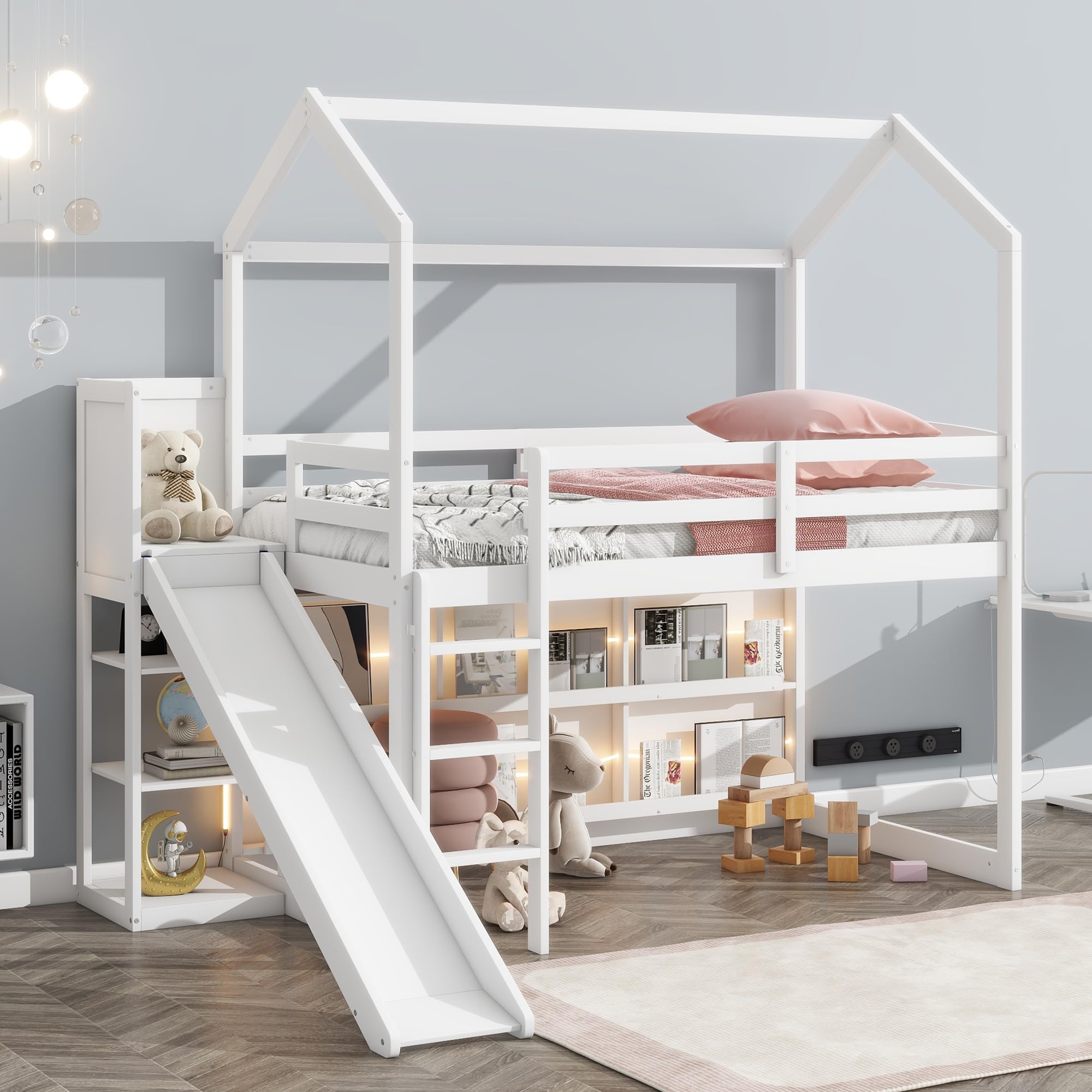 Harper & Bright Designs Twin Size Wooden Loft Bed with Slide, Storage Shelves & Light - Kids Playhouse Bed for Boys & Girls in White - Perfect for Small Bedrooms, Playrooms & Space-Saving Kids' Furniture