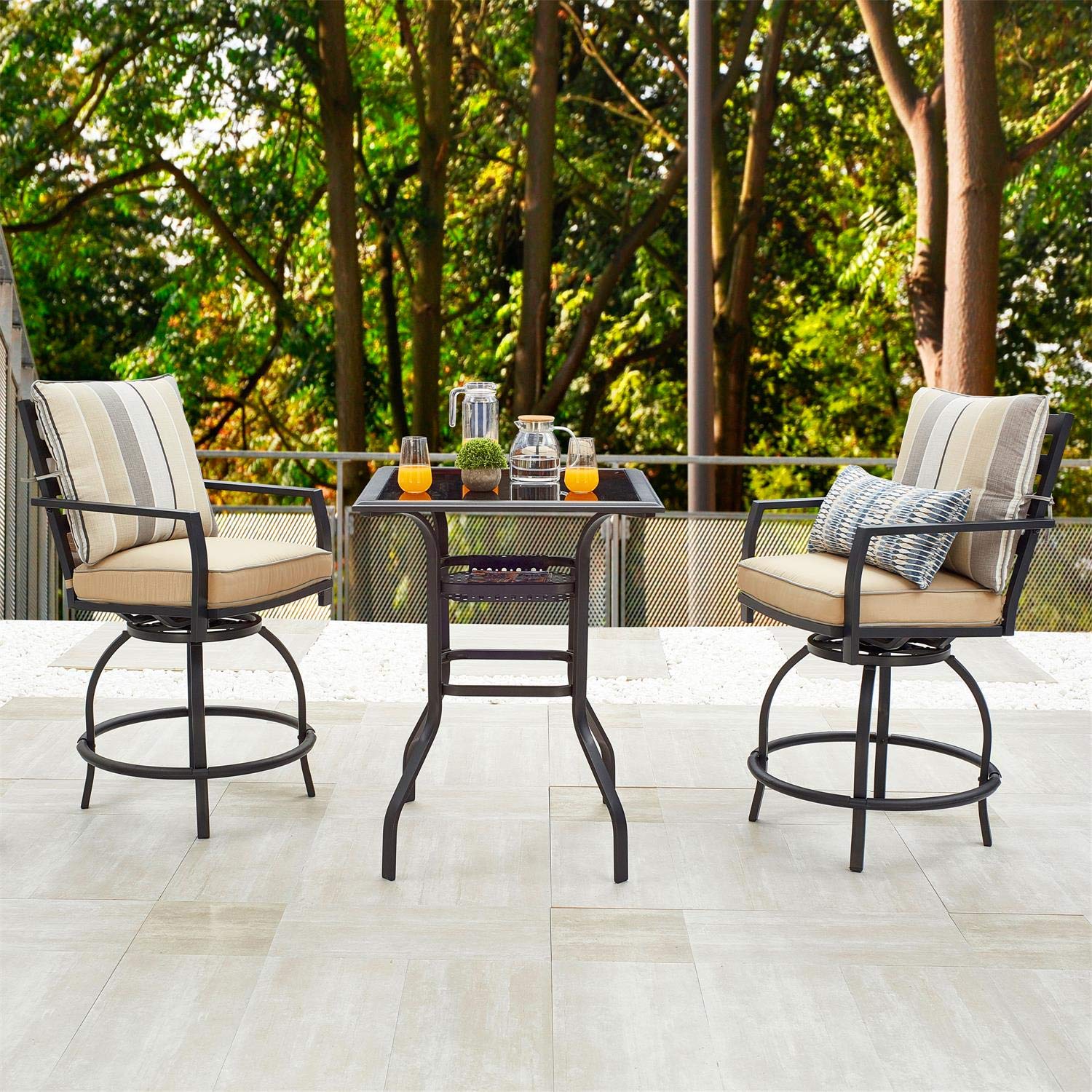 **PatioFestival Outdoor Bar Stools - Swivel Bar Height Chairs with Padded Cushion & Glass Top Table - Counter Height Patio Furniture Set for Balcony, Deck, or Backyard Dining**