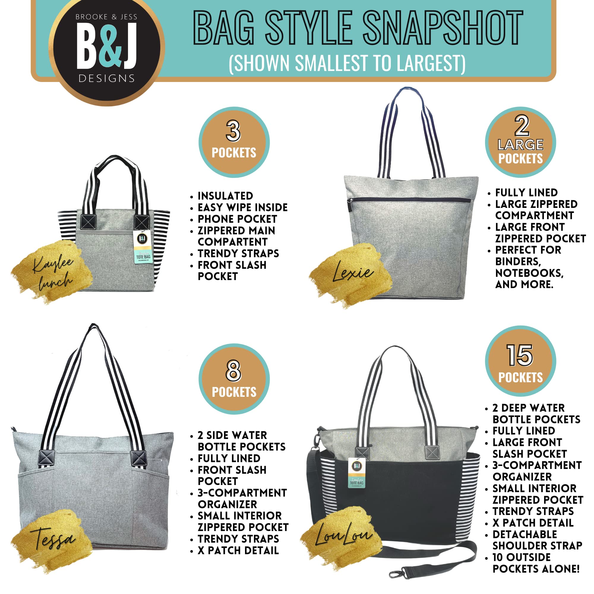 Brooke & Jess Designs Teacher Tote Bag for Women - Durable Work Handbag with Multiple Pockets, Perfect Teacher Appreciation Gift for Educators, Back to School & Classroom Essentials