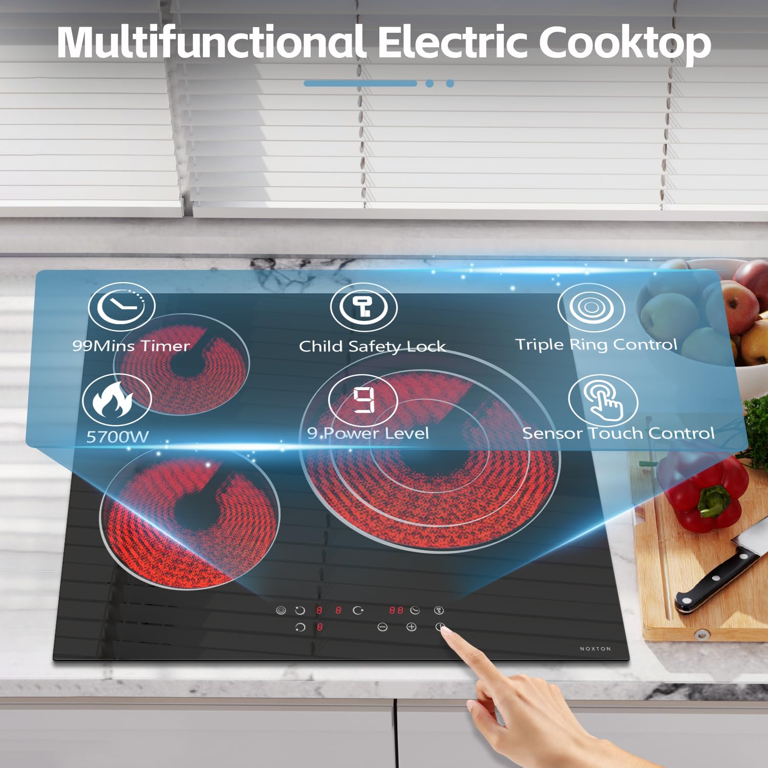 Noxton 24 Inch Electric Cooktop - 3 Burner Built-in Ceramic Stove with Expandable Cooking Zones, 5700W 220-240V Hardwired - Perfect for Home Kitchen, RV & Small Spaces