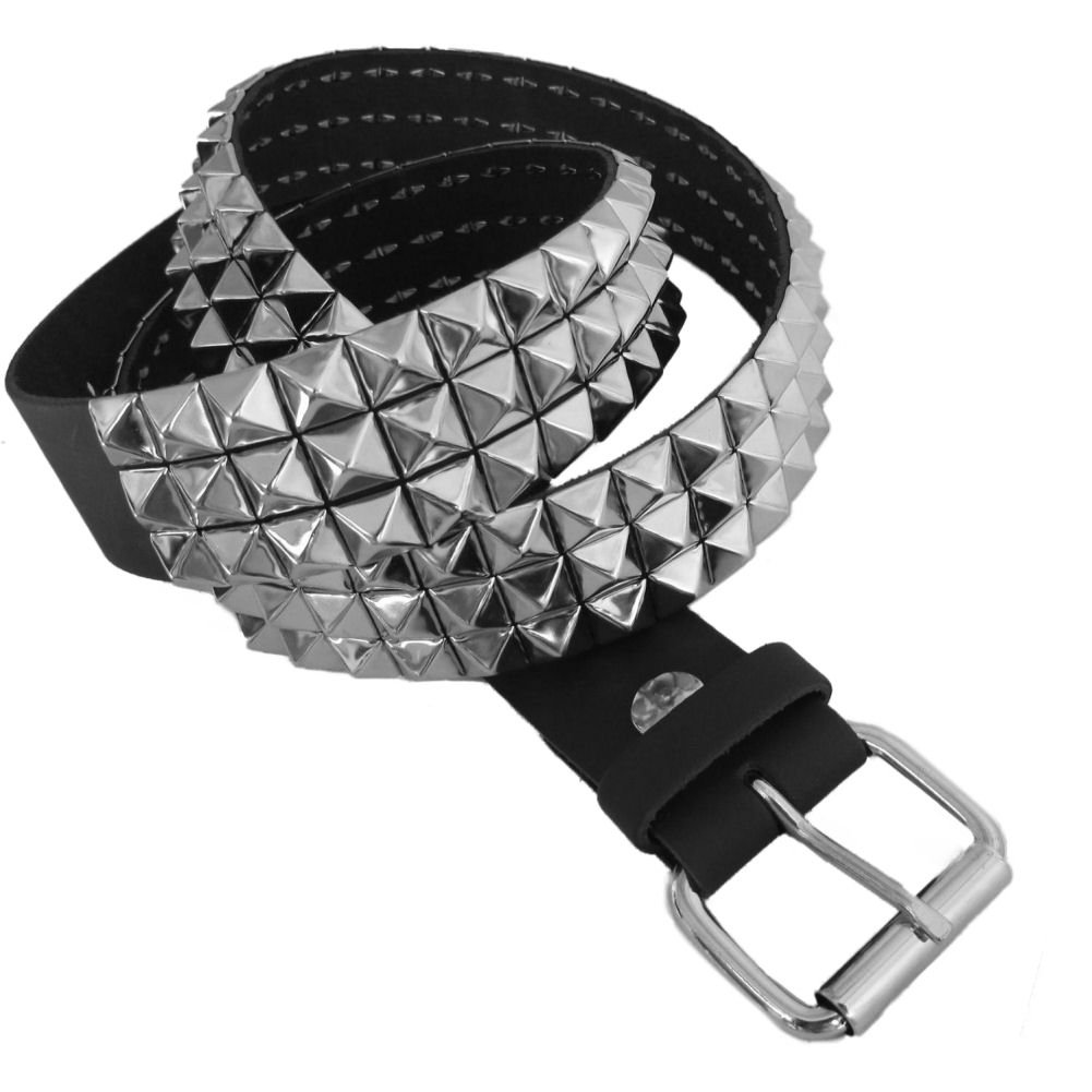 Men's 3 Row Pyramid Studded Black Leather Belt - XL Size for Jeans & Casual Wear | Stylish Punk Rock Accessory for Outfits & Costumes