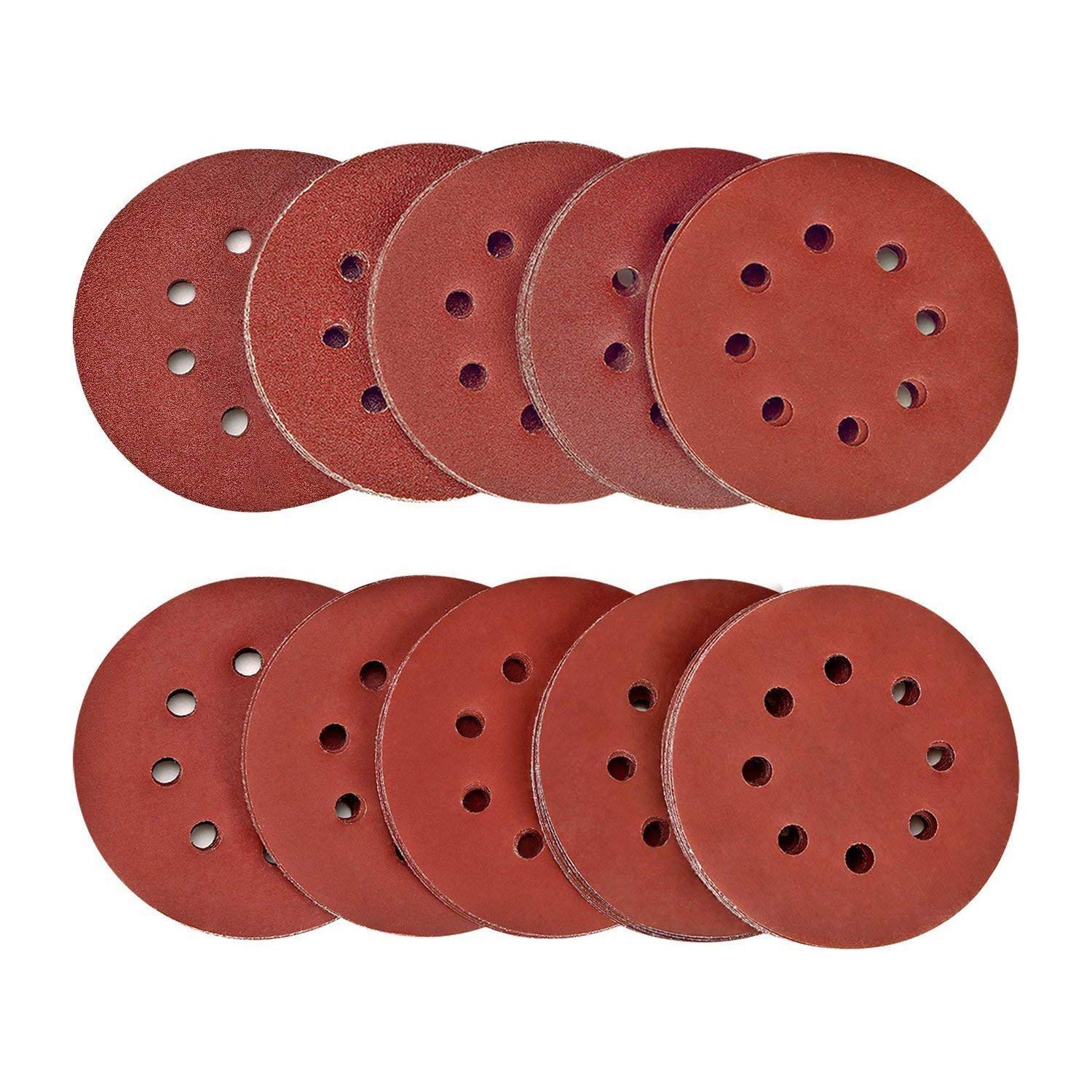 SPTA 100-Piece 125mm Sanding Discs Set - 40/80/120/180/320/400/600/800/1500/2000 Grit Velcro Sandpaper for Random Orbital Sanders with 8 Holes - Perfect for Woodworking, Metal Polishing & Automotive Surface Preparation
