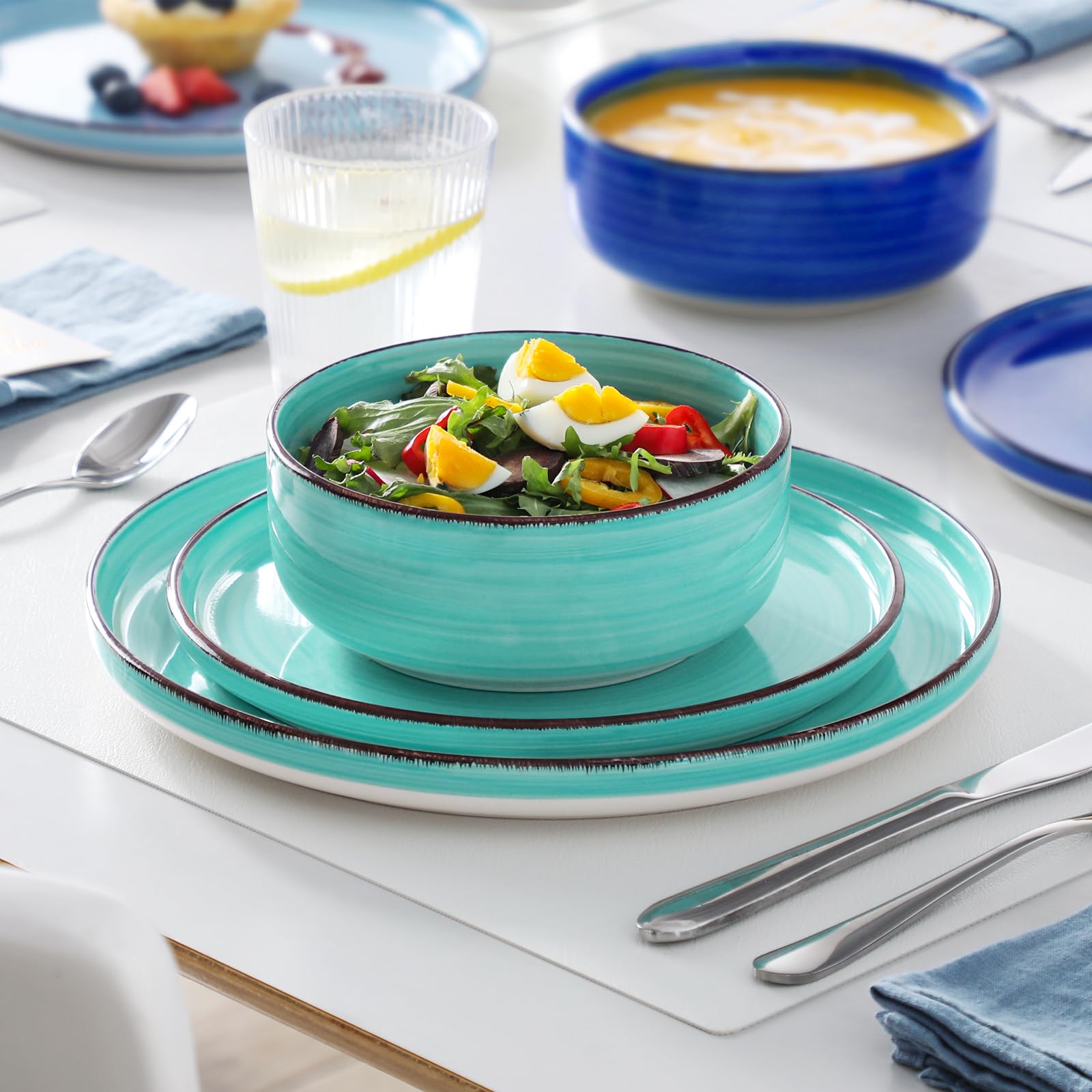Vancasso Bonita Blue 12-Piece Stoneware Dinnerware Set for 4 - Plates & Bowls, Dishwasher & Microwave Safe - Perfect for Family Dinners, Parties & Everyday Use