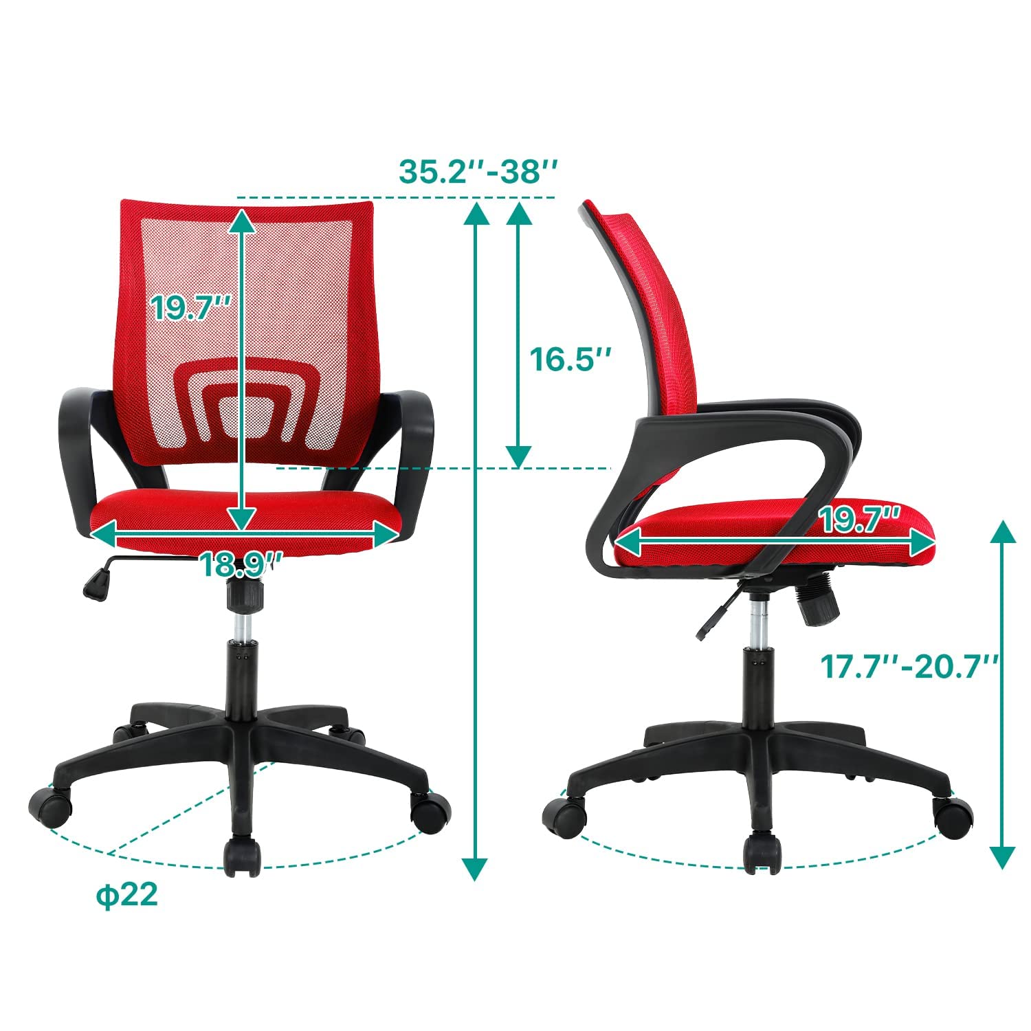 Ergonomic Office Chair with Adjustable Height, Mesh Back & Wheels - Comfortable Computer Desk Chair for Adults & Kids, Home & Office Use - Red