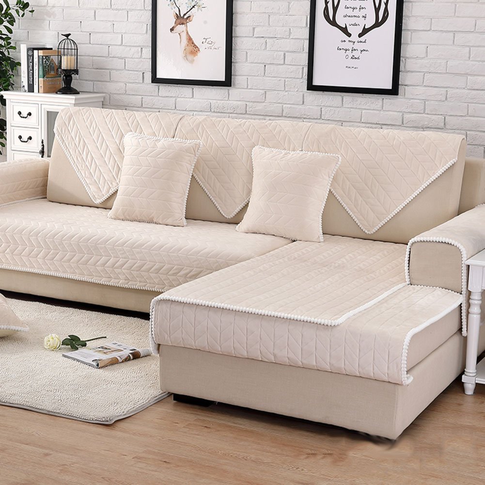 Lovehouse Plush Quilted Sofa Cover - Non-Slip Sectional Couch Protector, 110x180cm (43x71inch) Cream - Soft Stretchable Furniture Cover for Living Room, Bedroom & Dorm - Protects from Pets, Spills & Stains