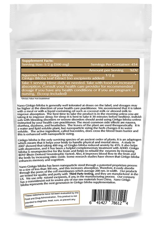 Nano Ginkgo Biloba Powder 8 oz (227 Servings) - Premium Ginkgo Biloba Extract for Enhanced Absorption | Supports Cognitive Function & Blood Circulation | Non-GMO, Vegan, Gluten Free Supplement | Perfect for Memory Boost & Focus Enhancement