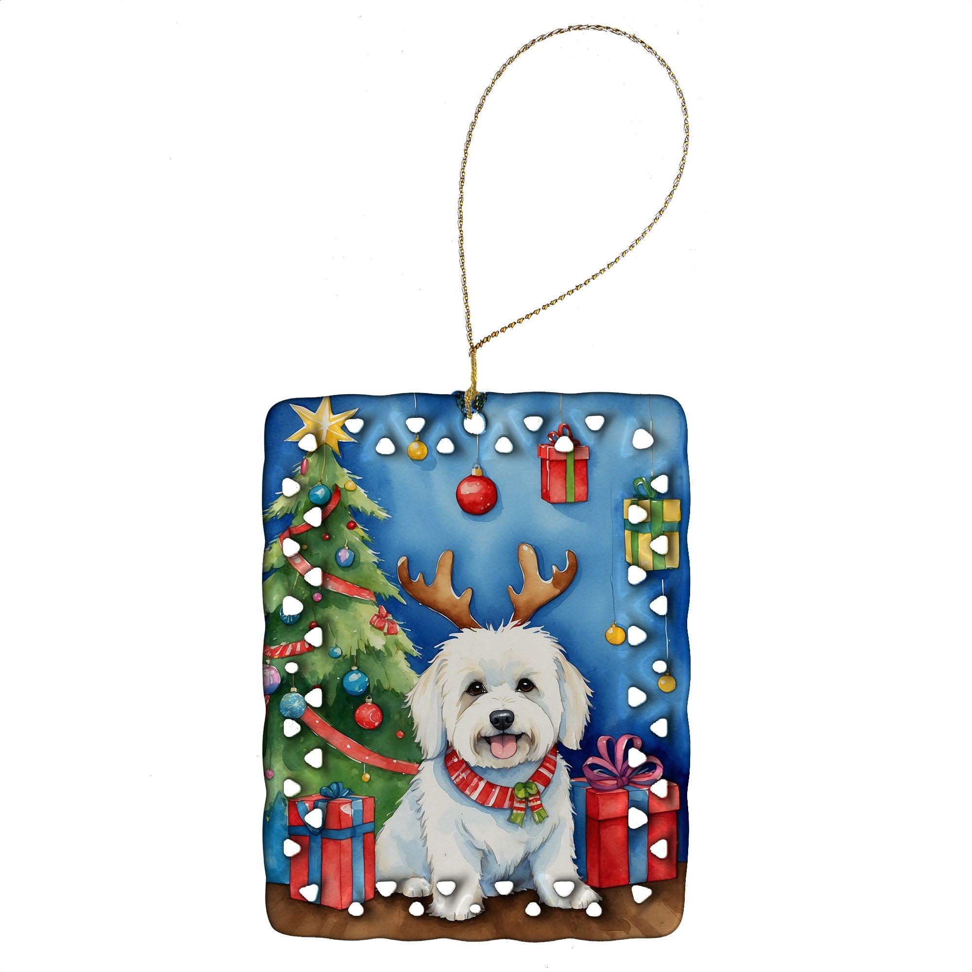 Coton de Tulear Christmas Reindeer Porcelain Ornament - Handcrafted Holiday Tree Hanging Decor for Home, Rectangle Shape, Multicolor Gift - Perfect for Christmas Tree Decorating, Holiday Party & Festive Home Décor