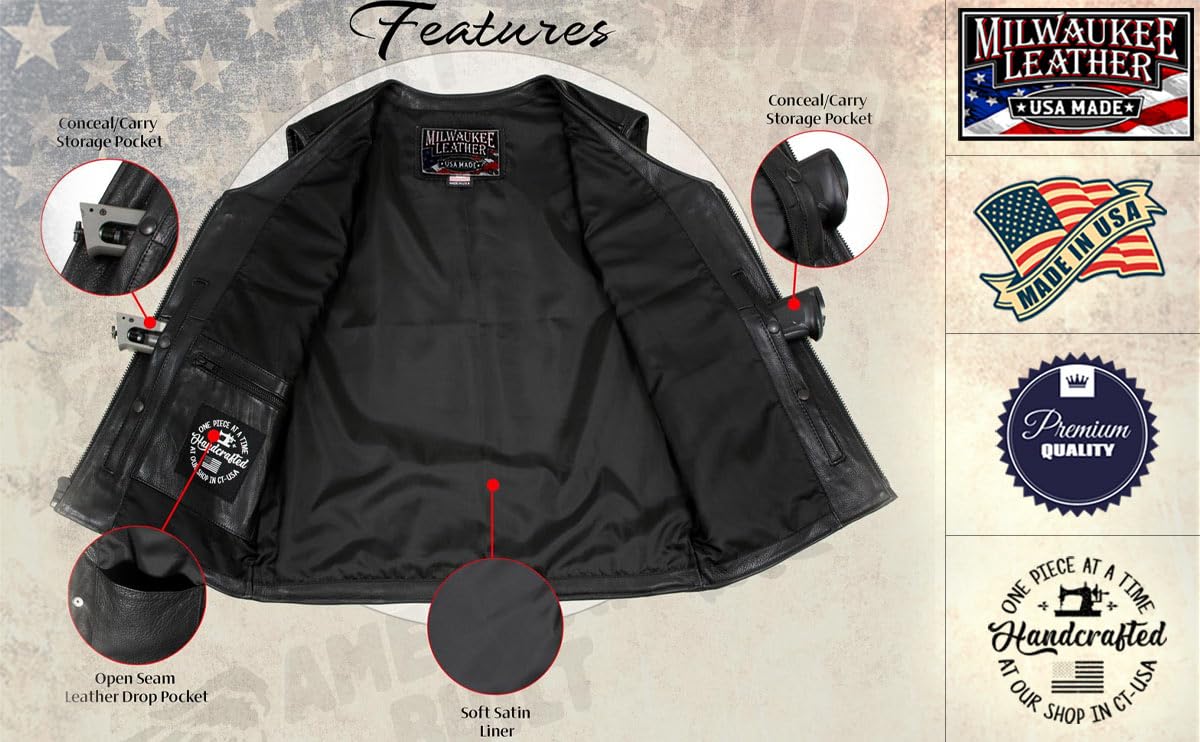 Premium Black Leather Motorcycle Vest for Men - Made in USA | Milwaukee Leather MLVSM | Perfect for Biker Riders & Motorcycle Enthusiasts