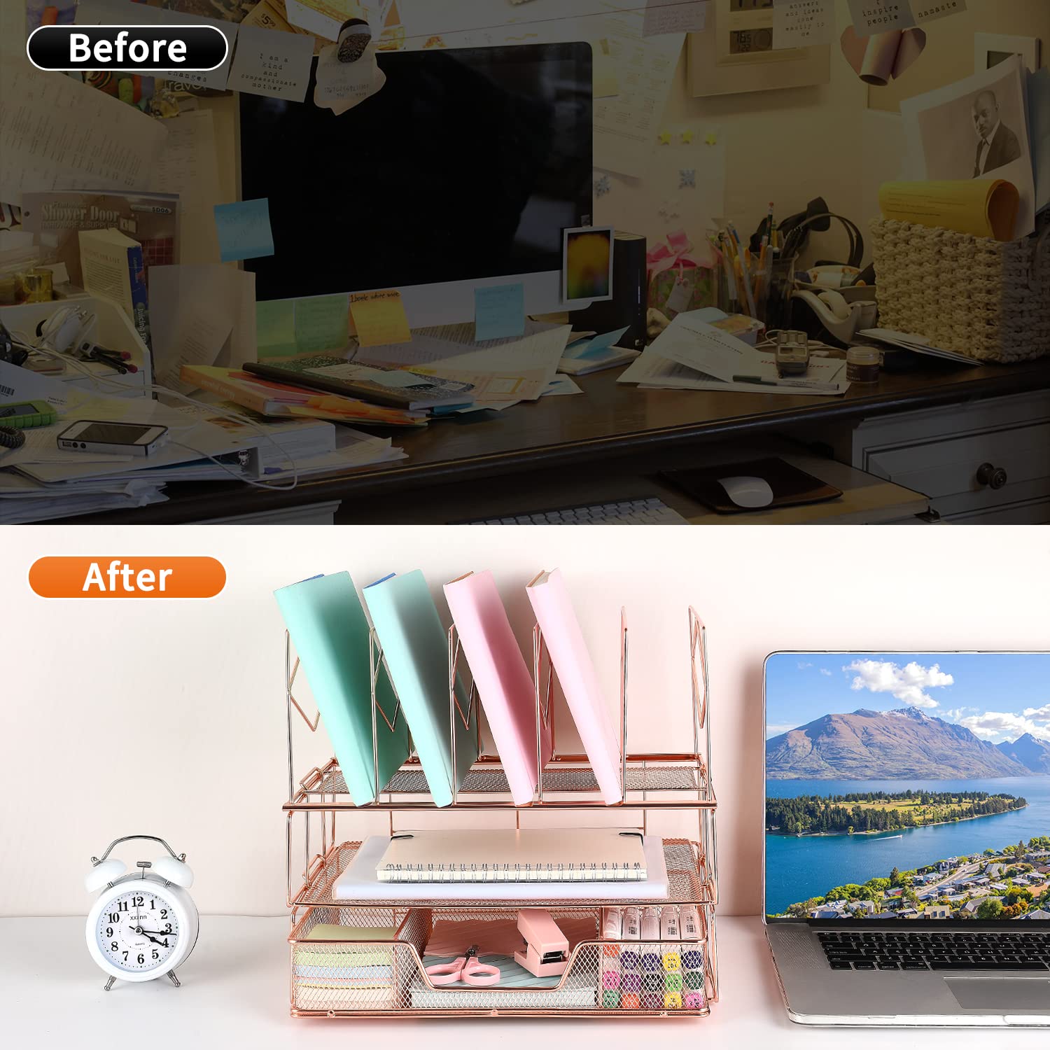 Gianotter Rose Gold Desk Organizer with Sliding Drawer, Double Tray & 5 Upright Sections - Office Supplies & File Sorter for Home, Office, or Workspace Organization