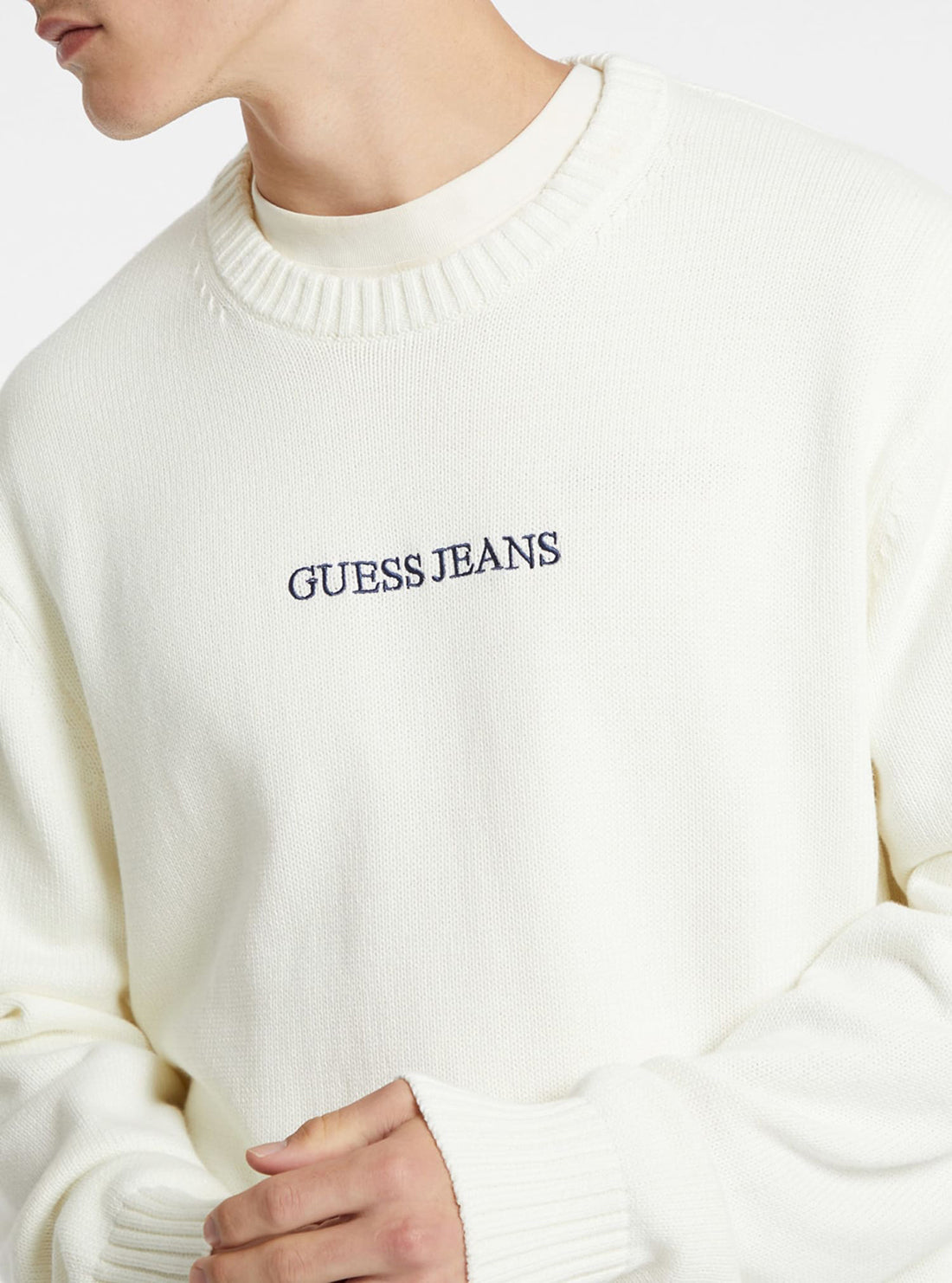 Guess Women's White Embroidered Knit Sweater - Casual Pullover for Spring & Fall Outfits | Perfect for Date Nights and Weekend Brunch
