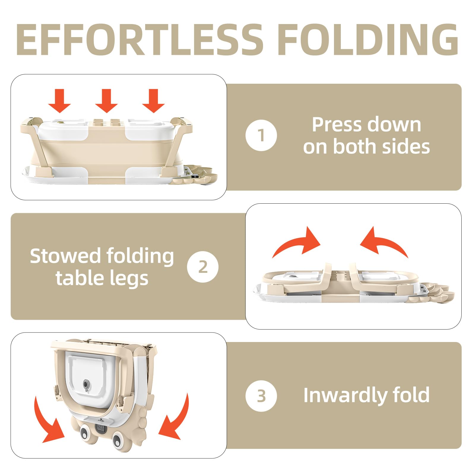 Foldable Baby Bathtub with Temperature Monitor & Floating Cushion - Portable Infant to Toddler Bath Tub (0-36 Months) for Newborns - Ideal for Home, Travel & Daycare Use (Beige)