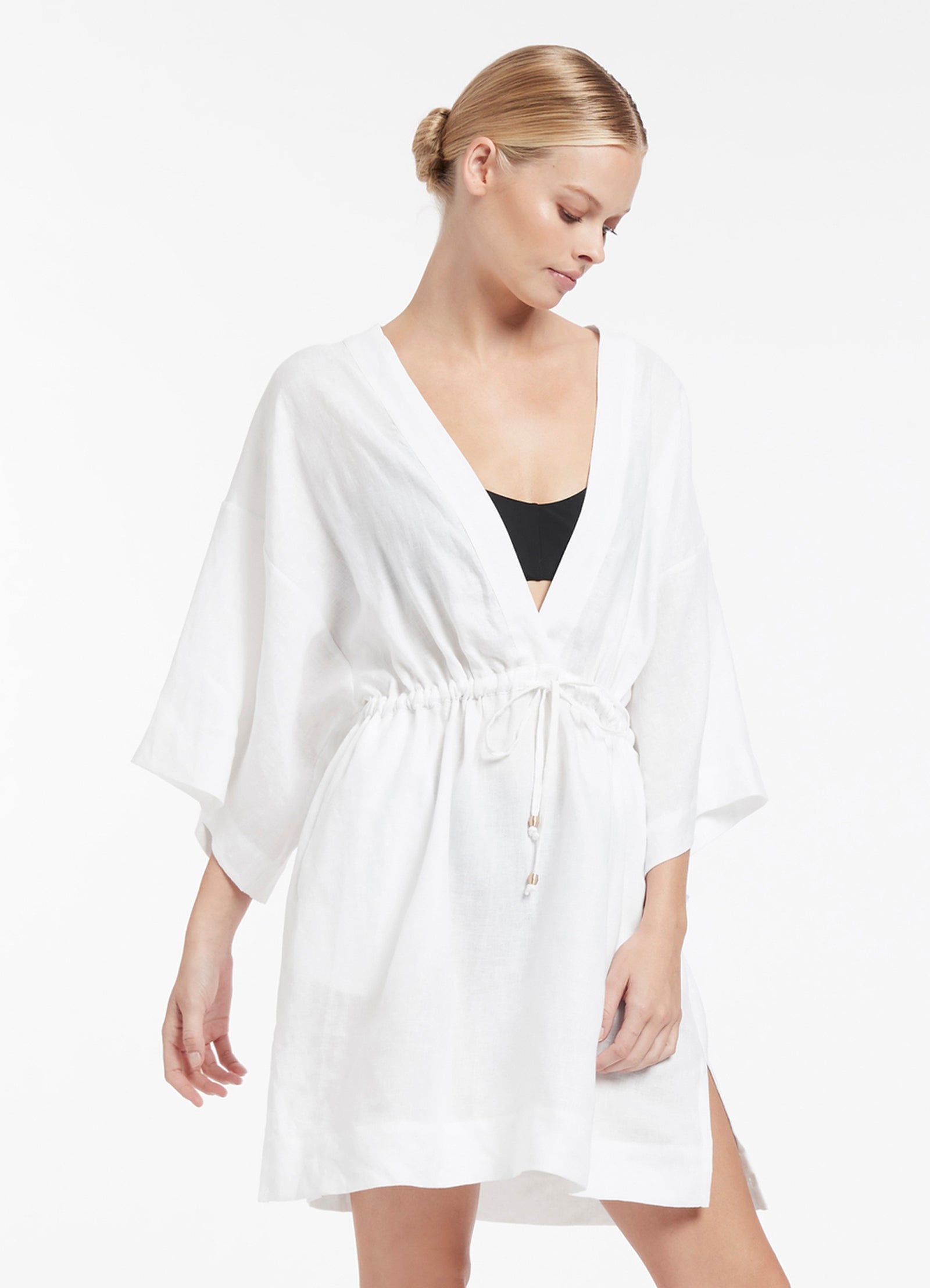 Jetset Gather Front Kaftan Dress for Women - Flowy White Boho Maxi Dress - Perfect for Beach Vacation, Summer Outfits & Boho Chic Style