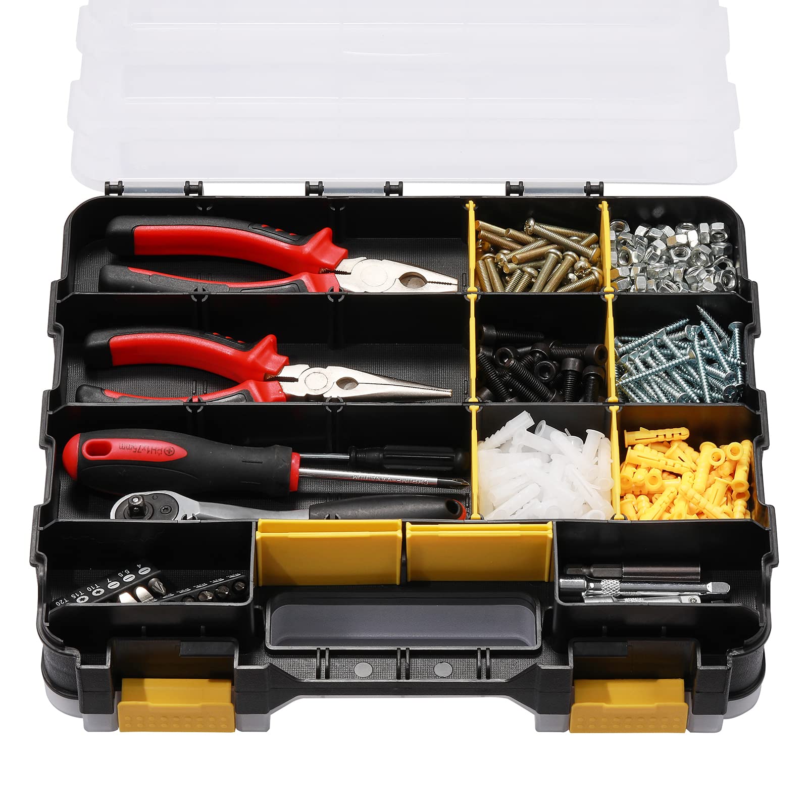 Mayouko Double-Sided Tool Organizer with Customizable Removable Plastic Dividers - 34-Compartment Hardware Storage Box for Small Parts (Black/Yellow) - Perfect for Workshop, Garage & DIY Projects