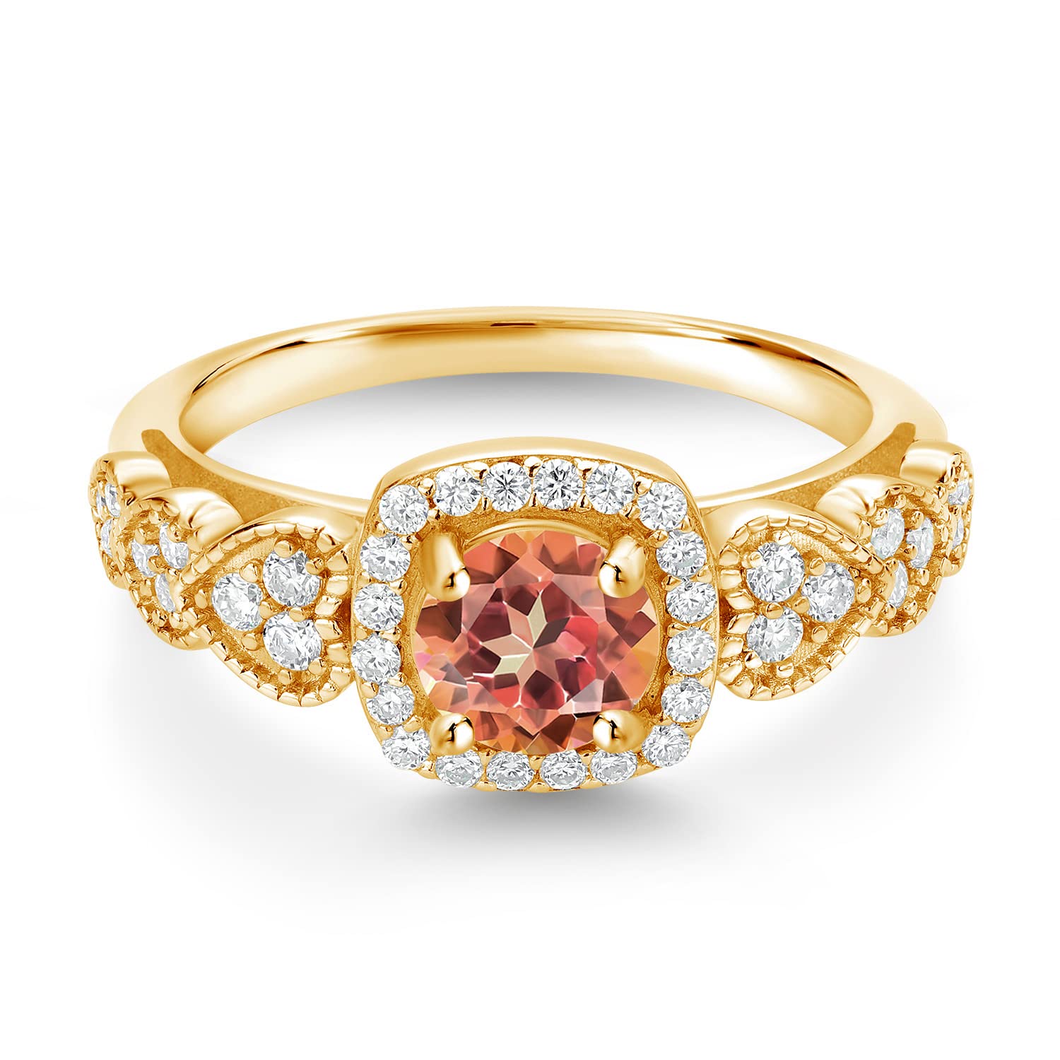 18K Yellow Gold Plated Silver Mystic Topaz & White Moissanite Engagement Ring for Women - 1.38 Cttw, Round 6MM, Birthstone Jewelry (Sizes 5-9) | Perfect for Proposals, Anniversaries & Special Occasions