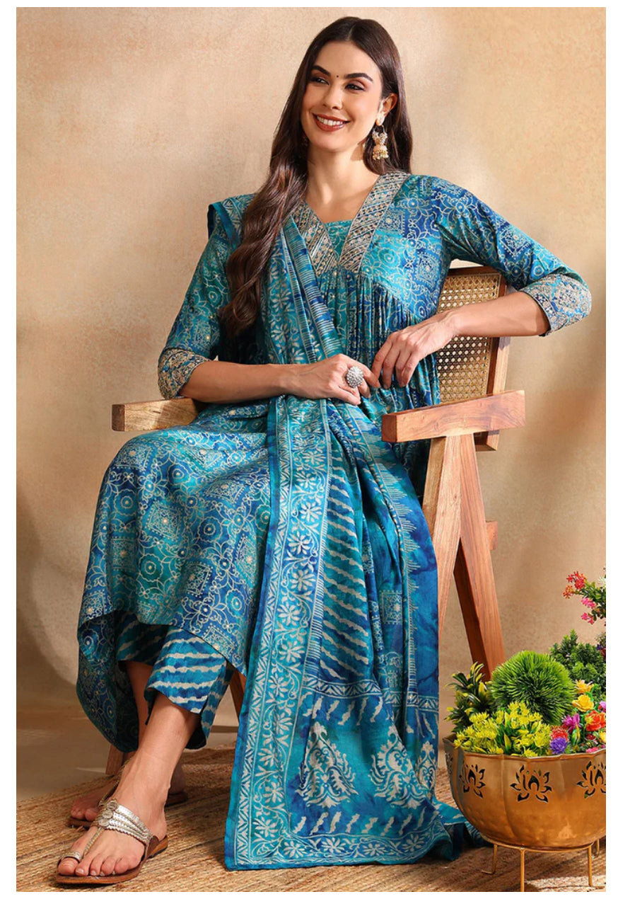 Teal Silk Blend Ethnic Motifs Printed Flared Kurta Set for Women | Indian Traditional Outfit | Perfect for Festivals, Weddings & Cultural Events