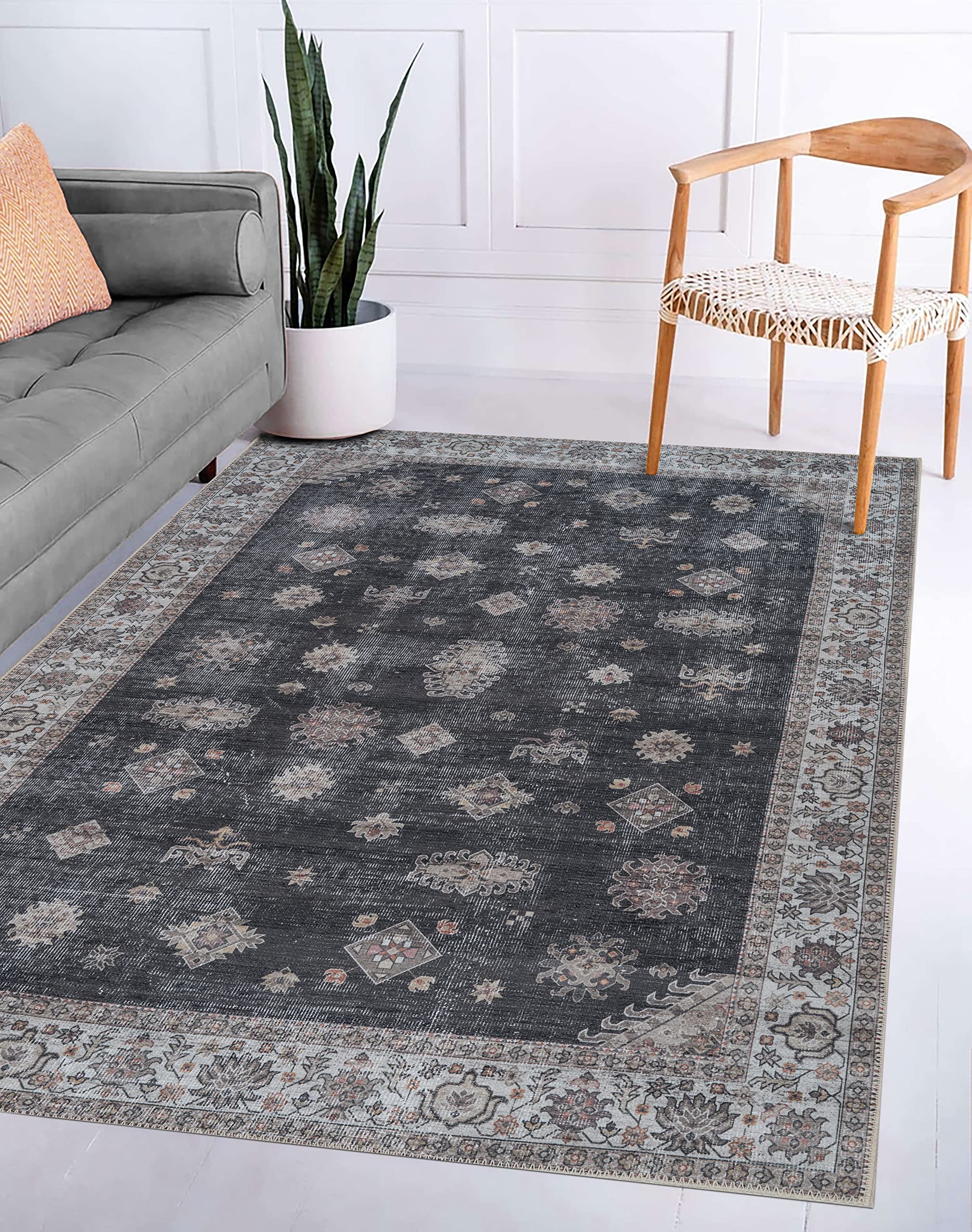 Adiva Rugs Machine Washable Non-Slip Area Rug - Persian Vintage Printed Carpet for Living Room, Bedroom, Bathroom & Kitchen - Home Decor Floor Mat (Black, 4' x 6') - Perfect for Cozy Spaces, Entryways & High-Traffic Areas