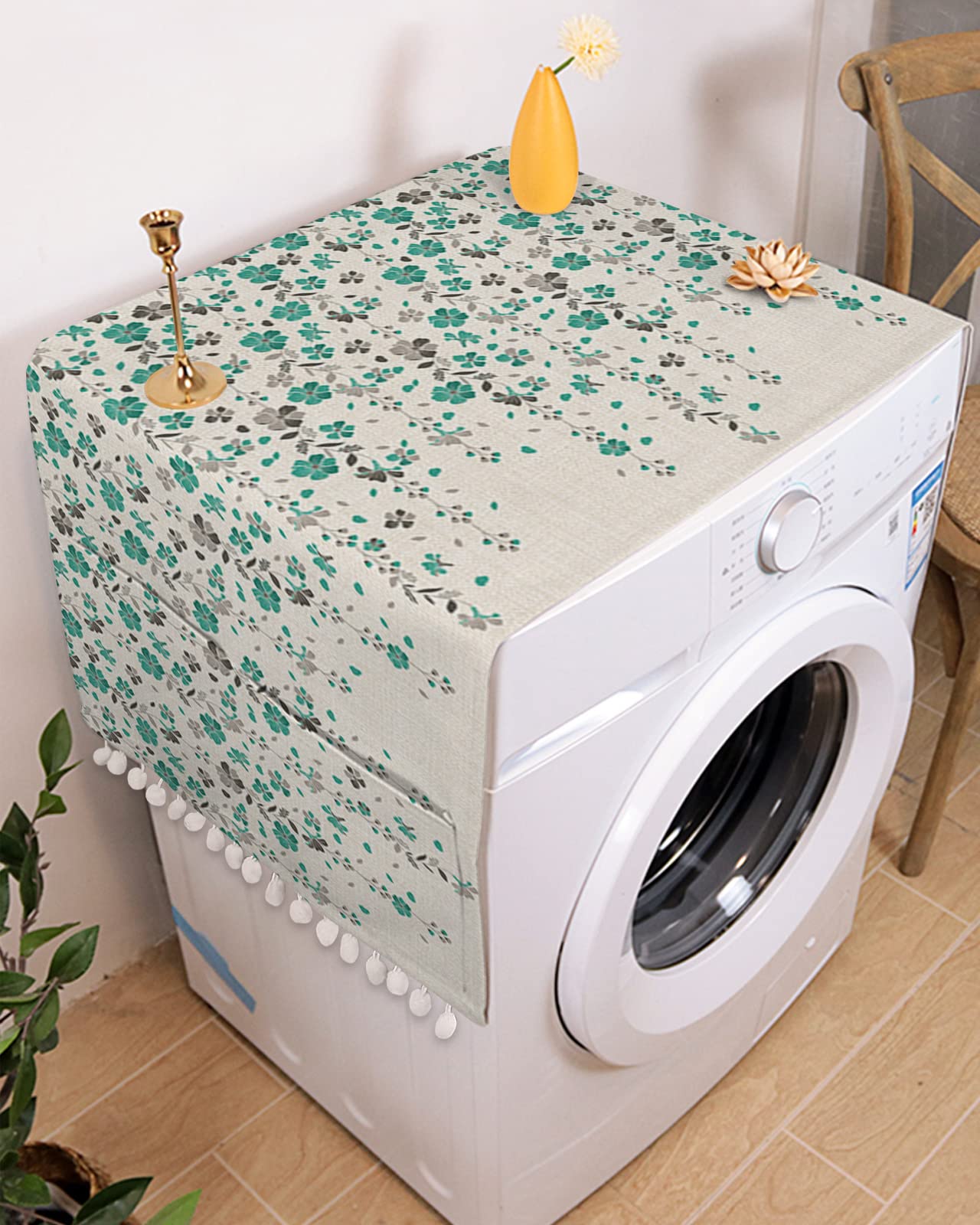 Teal Green Floral Refrigerator Cover, Microwave Dust Cover with Storage Pockets - 28x67 Inch Polyester Appliance Protector for Kitchen, Cabinet & Washing Machine - Perfect for Home Decor & Appliance Protection