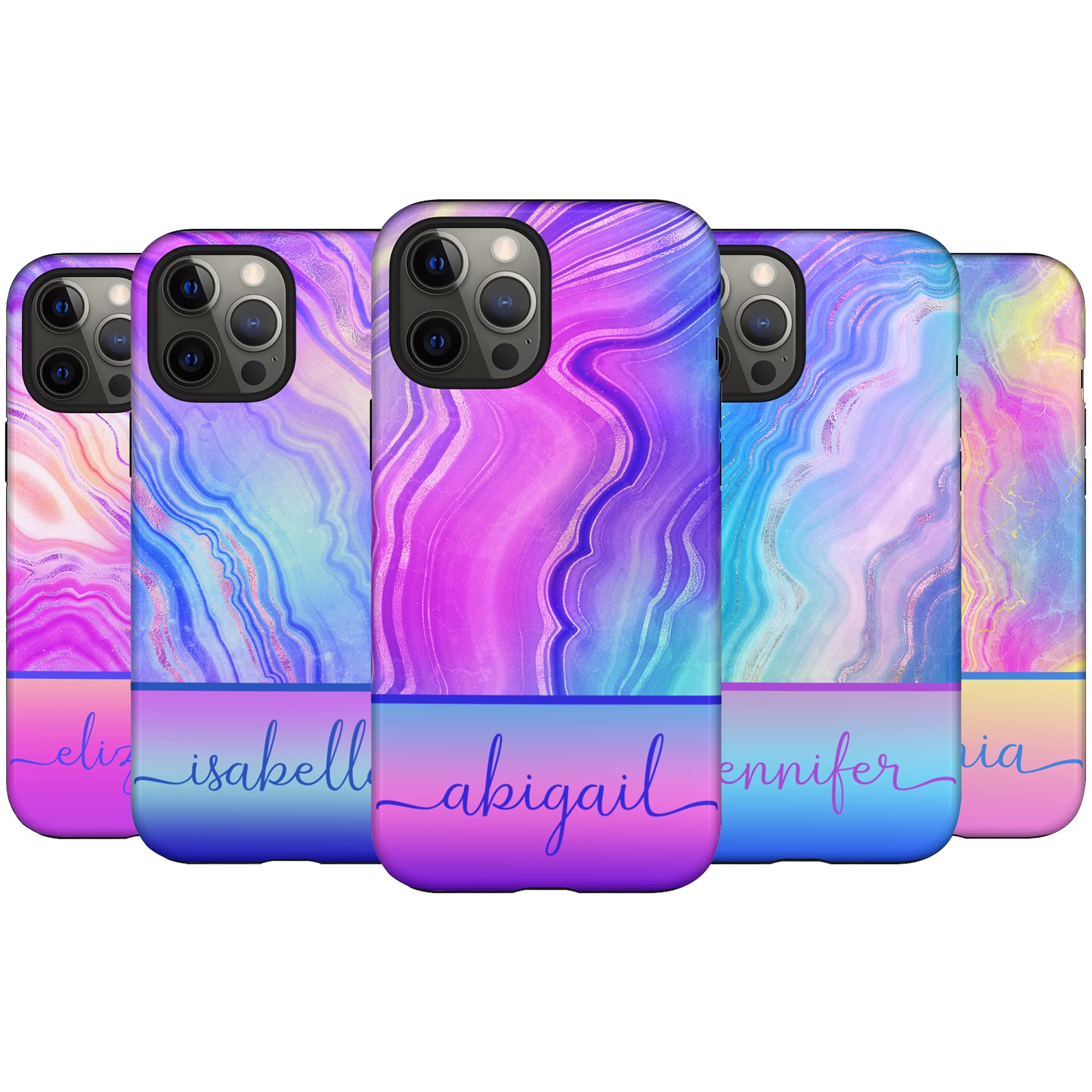 Custom Neon Rainbow Agate Marble Phone Case - Personalized Name Engraved - Compatible with iPhone 16 Plus/15 Pro Max/14/13 Mini/12/11/X/XS Max/XR/7/8 - Trendy Protective Cover for Everyday Use & Gift Giving