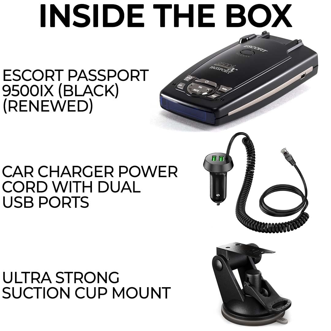 Escort Passport 9500iX Radar Detector with Dual-USB Car Charger & Suction Cup Mount - Long Range Detection, Fewer False Alerts, Voice Warnings (Renewed, Black) - Perfect for Highway Driving & Road Trips