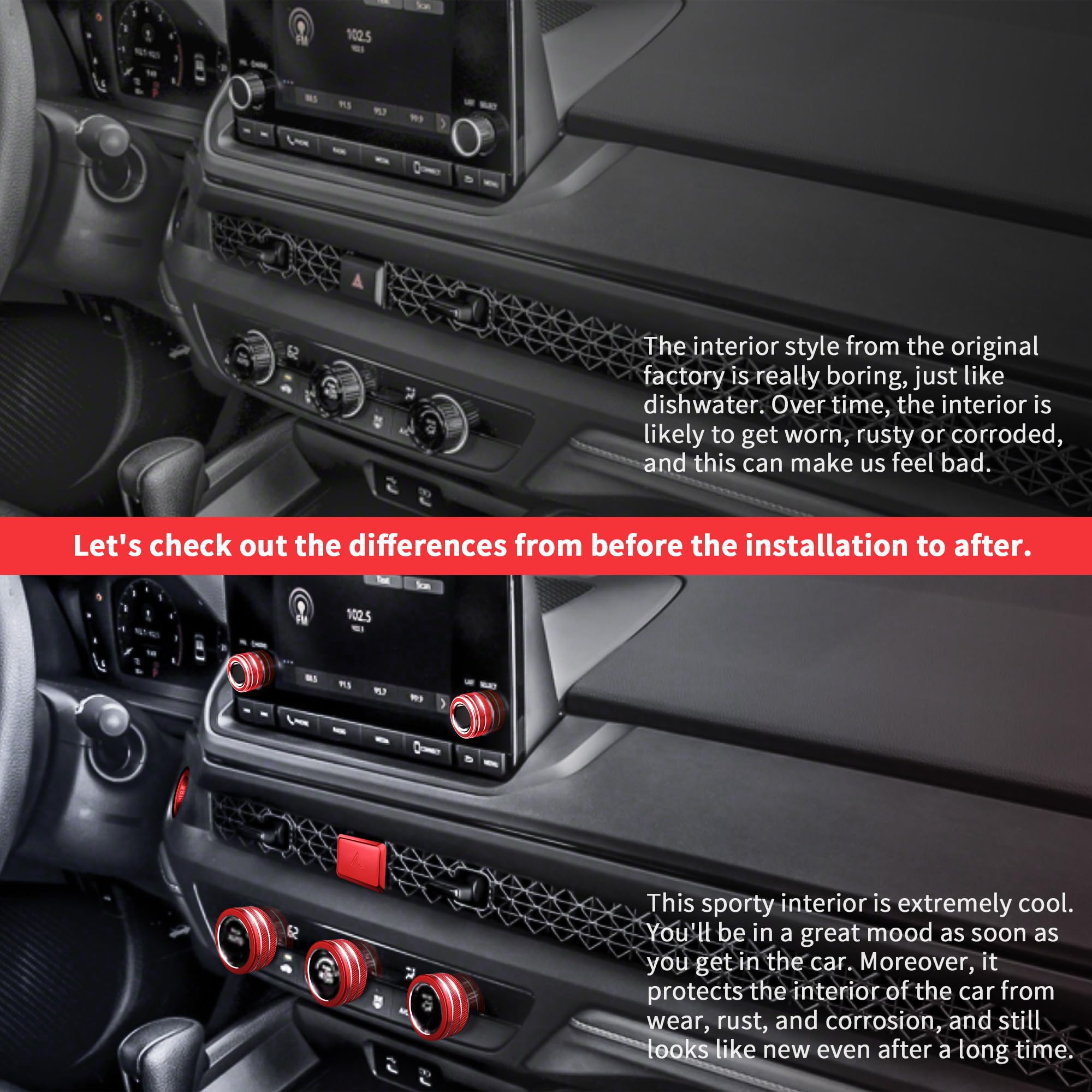 2022-2025 Honda Accord/HRV/CRV/Civic Interior Accessories Kit - 8pcs AC Knob Cover, Volume Control, Warning Lights & Push Start Button Trim Ring (Red) | Car Dashboard Decoration & Protection