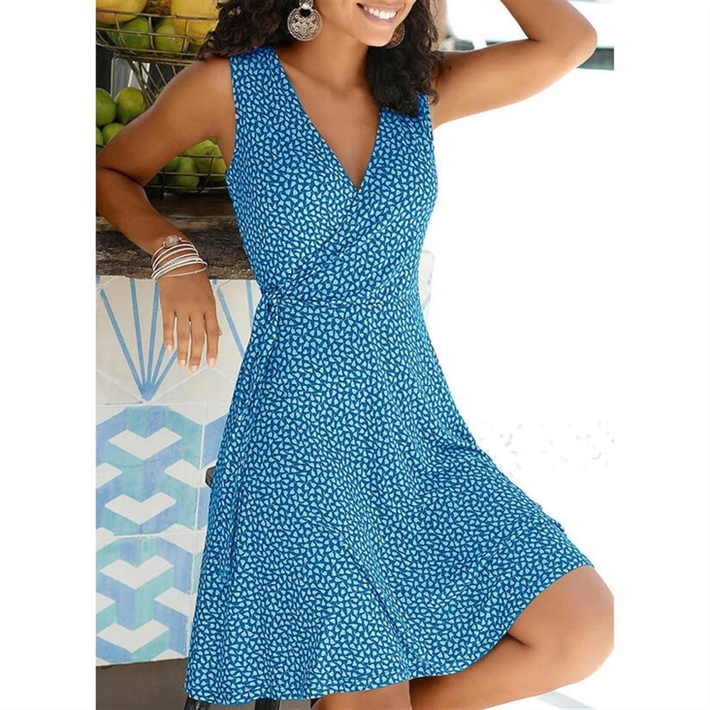 HKLL Women's Summer Polka Dot Dress - Sexy V-Neck Sleeveless Bandage Bodycon Dress, Bohemian Beach Dress for Women (Blue, Size S) | Perfect for Beach Vacations, Date Nights & Summer Parties