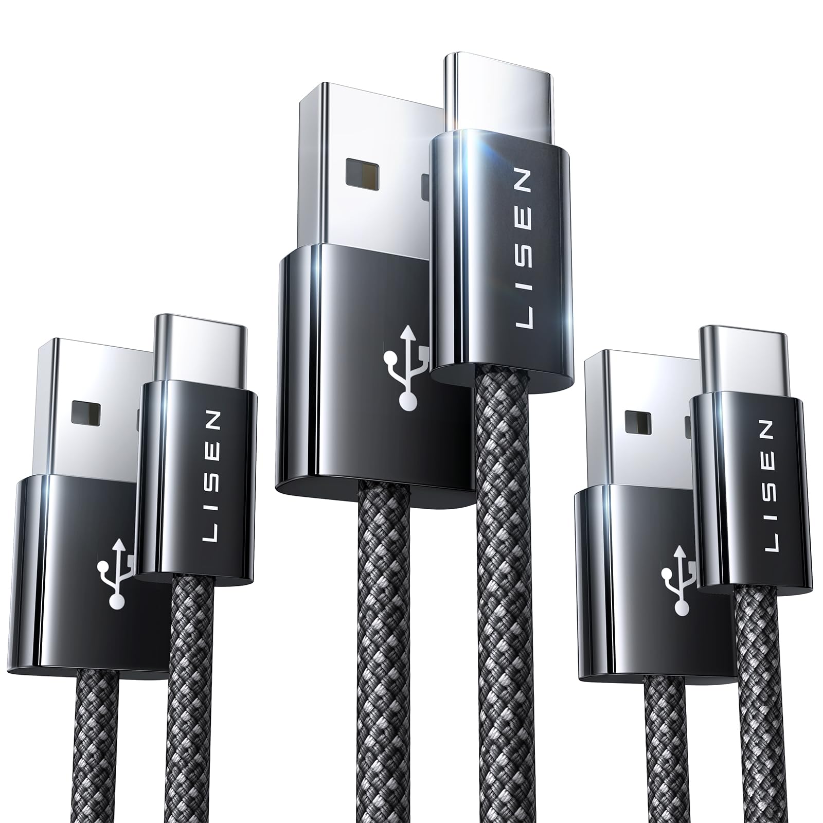 Premium LISEN USB C Cable 3-Pack [3.3FT+3.3FT+6.6FT] - Fast Charging USB A to USB C Cable 3.2A for iPhone 16/15/14 Pro Max, Samsung Galaxy S23/S21/S20/S10 - Perfect for Home, Office & Travel Charging Needs