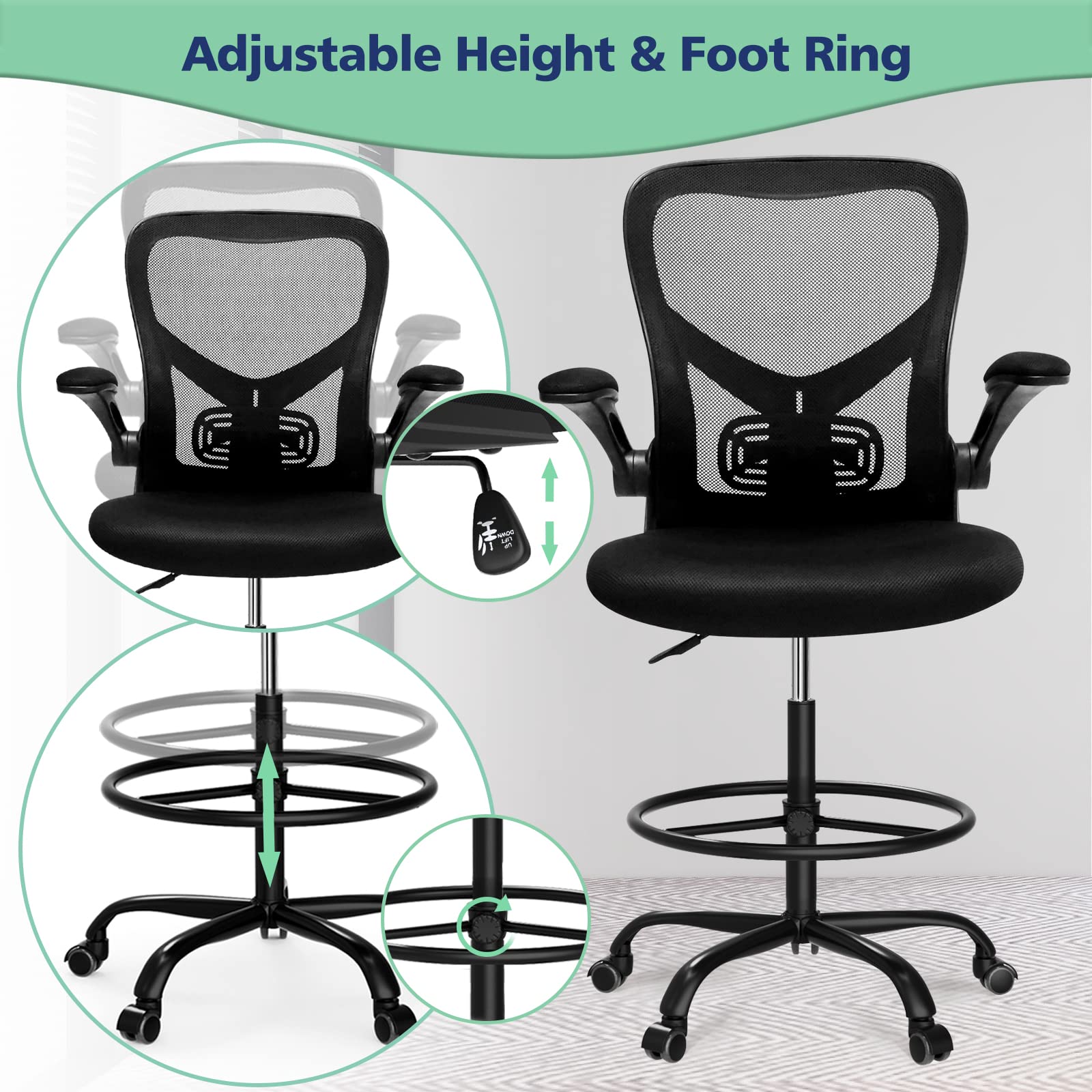 Ergonomic Drafting Chair with Foot Ring & Flip-Up Arms - Adjustable Height Mesh Office Chair for Standing Desks - Comfortable Computer Task Chair for Home & Office Use - Perfect for Architects, Designers & Long Work Sessions - Black