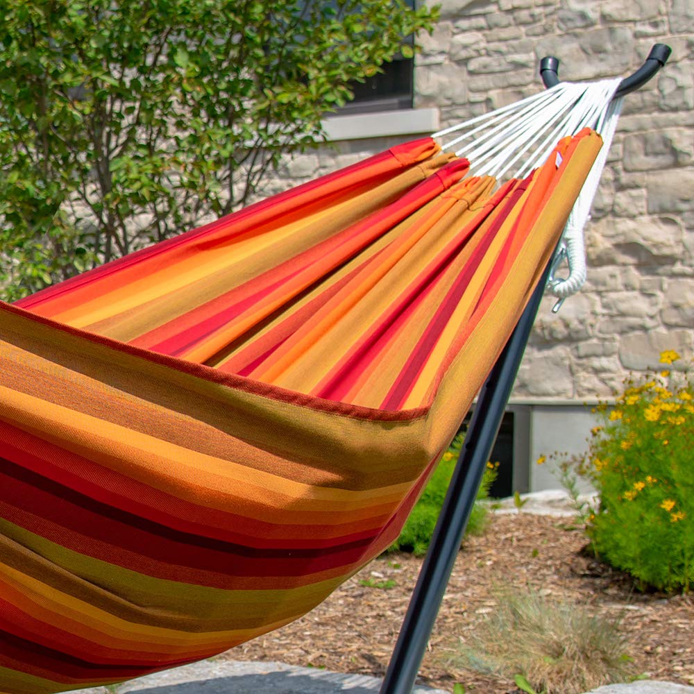 Vivere Double Sunbrella Hammock with Space-Saving Steel Stand - 450 lb Weight Capacity - Premium Carry Bag Included (Sunset) - Perfect for Backyard Relaxation, Camping & Beach Vacations
