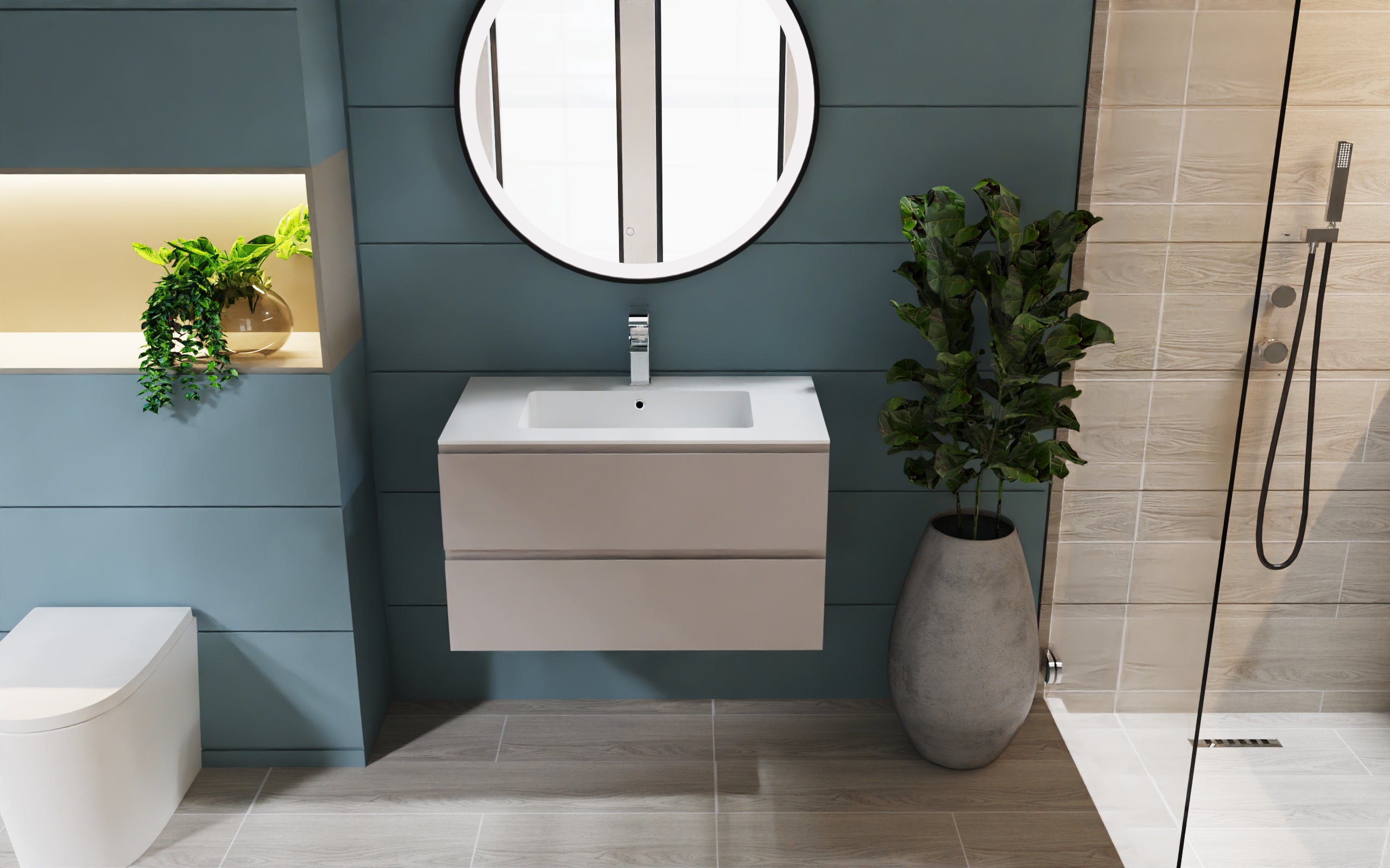 DAX Pasadena 32-Inch Single Vanity Cabinet with Matt Mink Finish & Glossy Toscana Basin - Modern Bathroom Storage Solution for Small Spaces (DAX PAS013274 G)