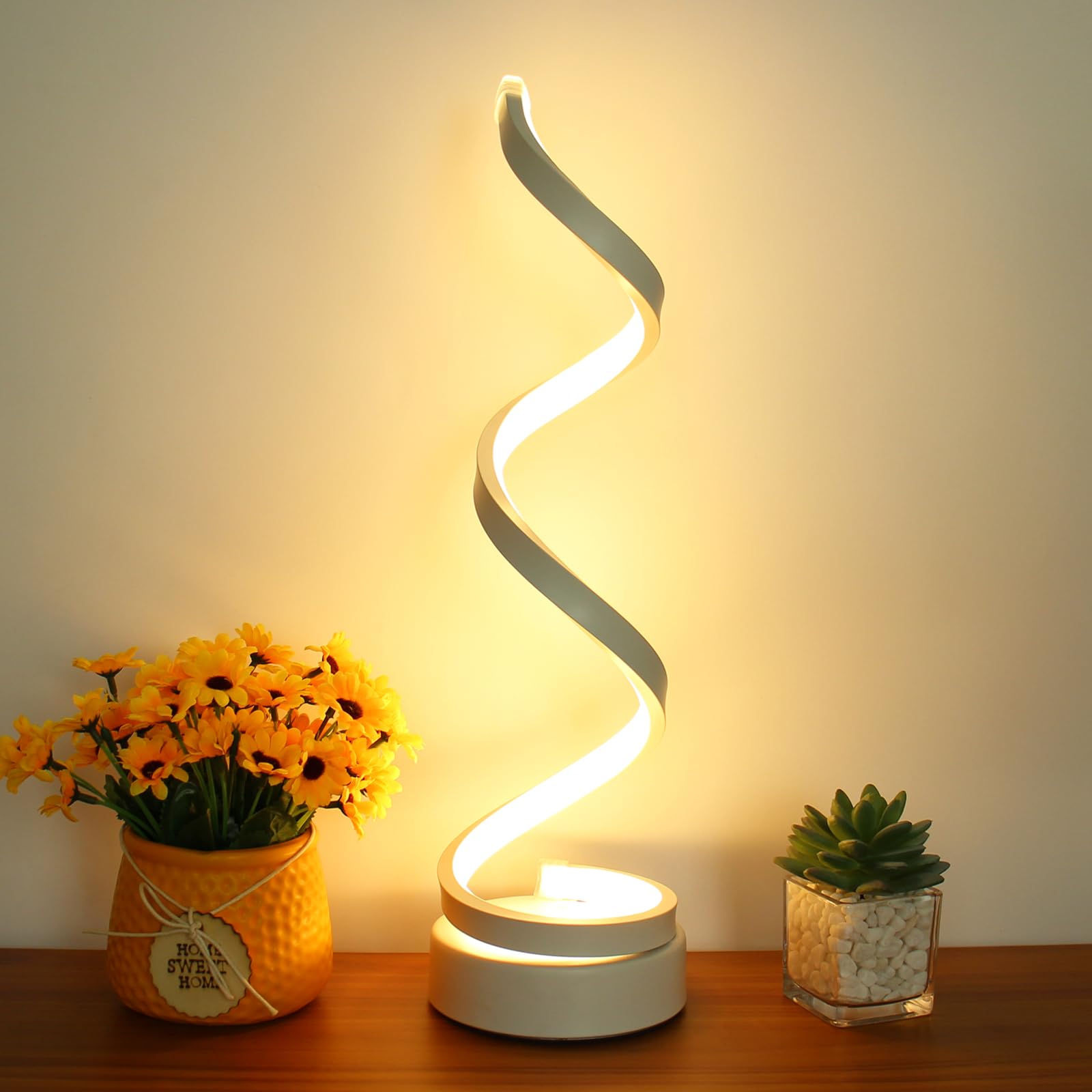 Modern Spiral Table Lamp - Dimmable 12W LED Desk Light with 3 Colors & 10 Brightness Levels for Bedroom, Living Room, Office - Nightstand Lamp for Reading, Working & Relaxing - White