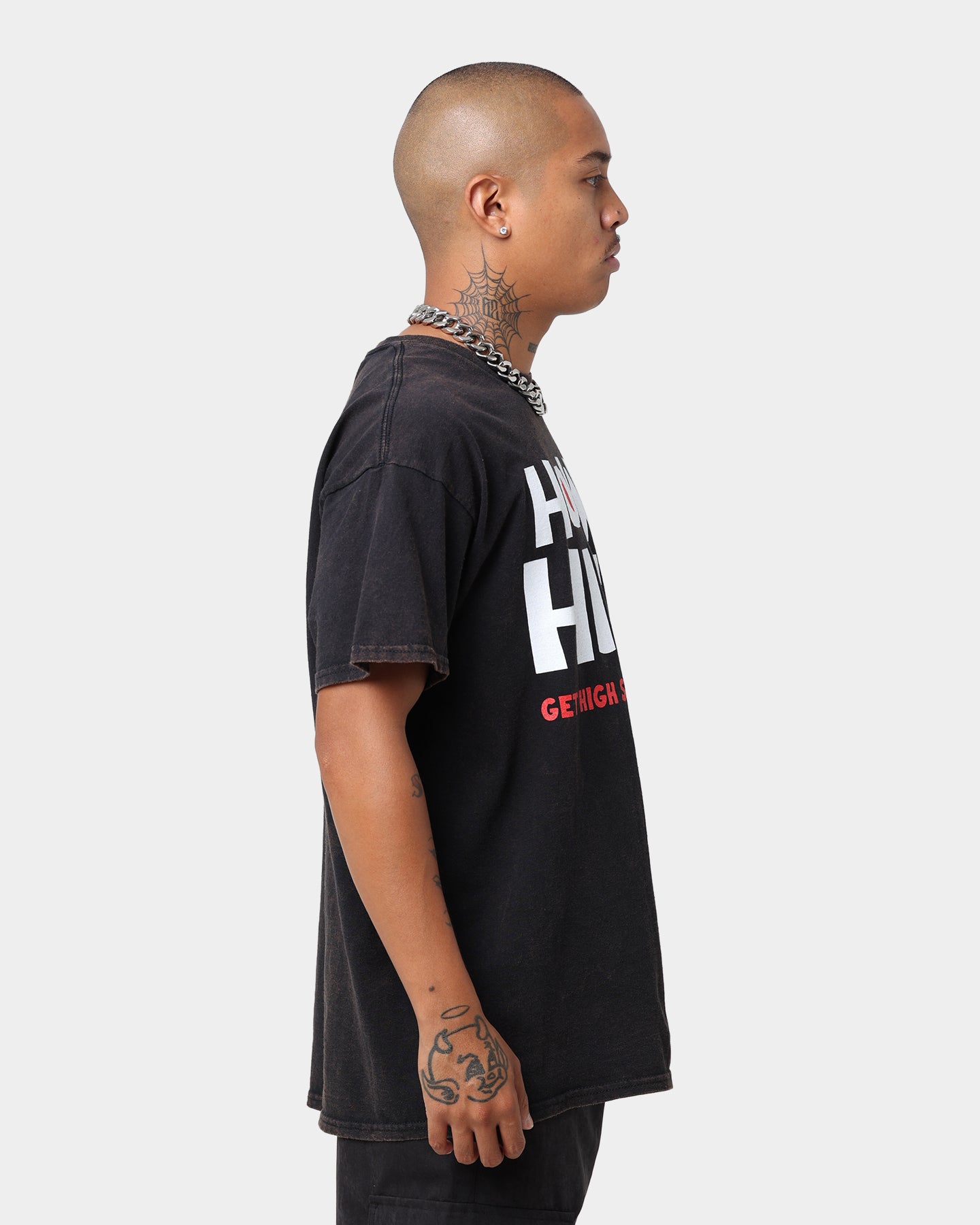 Vintage Washed Black T-Shirt - American Thrift X 420 How High Retro Graphic Tee | Casual Streetwear & 90s Hip Hop Fashion