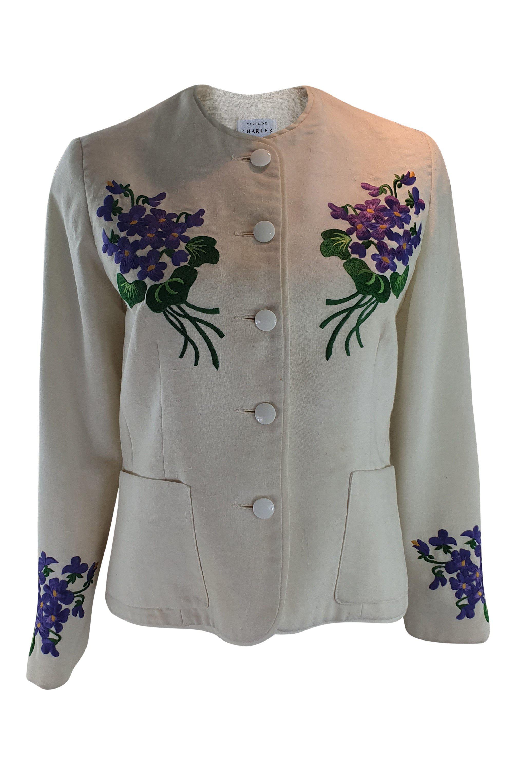 CAROLINE CHARLES Linen Floral Embroidered Patch Pocket Jacket for Women - Size M | Lightweight Summer Blazer | Perfect for Office Wear, Casual Outings & Spring Weddings