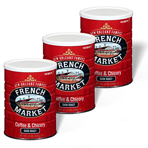 Premium French Market Coffee - Dark Roast Ground Coffee with Chicory, 12oz Canister (Pack of 3) | Rich Flavor for Breakfast, Office & After-Dinner Enjoyment