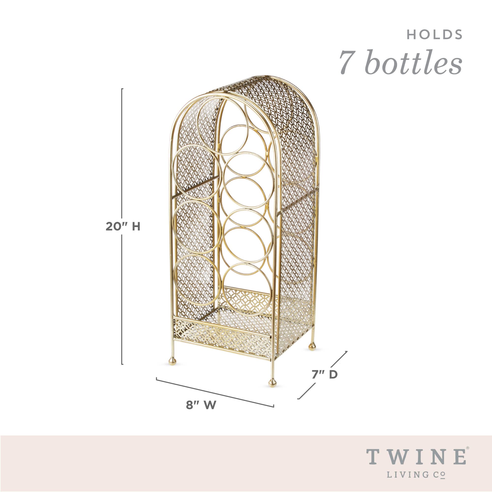 Twine Trellis Wine Rack - Holds 7 Bottles, Gold Countertop Wine Storage Organizer, Durable Cast Iron Design - Perfect for Kitchen Counter, Bar, Dining Room & Wine Cellar Decor