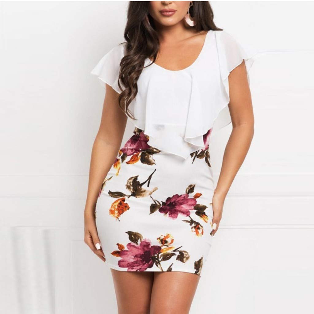 Women's Floral Print Pencil Dress with Ruffle Batwing Cape - Slim Fit Bodycon Dress for Casual Wear & Special Occasions (White, XL) - Perfect for Office, Date Night & Party Outfits